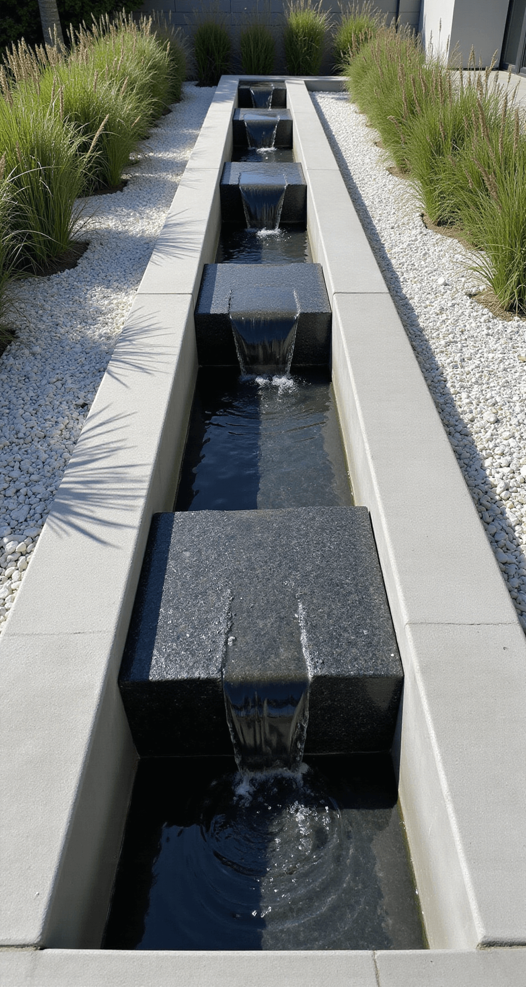 A contemporary minimalist courtyard design featuring straight-lined concrete water channels, a three-tiered water feature with stainless steel spillways, and architectural grasses, all captured from an elevated angle at midday, highlighting geometric patterns and dramatic shadows.