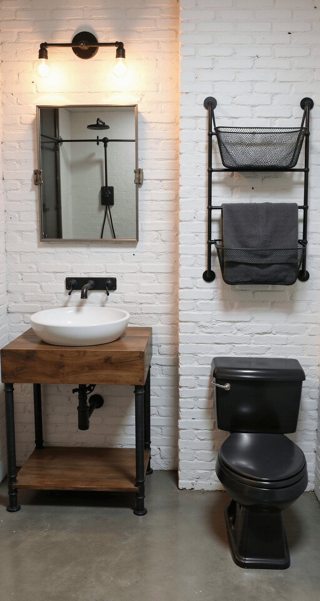 Tiny Bathroom Remodel: Transforming Your Compact Space into a Stylish Oasis An industrial-chic bathroom showcasing whitewashed exposed brick walls, polished concrete flooring, a reclaimed wood and black steel vanity with a white porcelain sink, a riveted metal mirror, Edison bulb sconces, a matte black shower with a glass enclosure, metal mesh wall storage, and a black metal ladder towel rack with gray towels.
