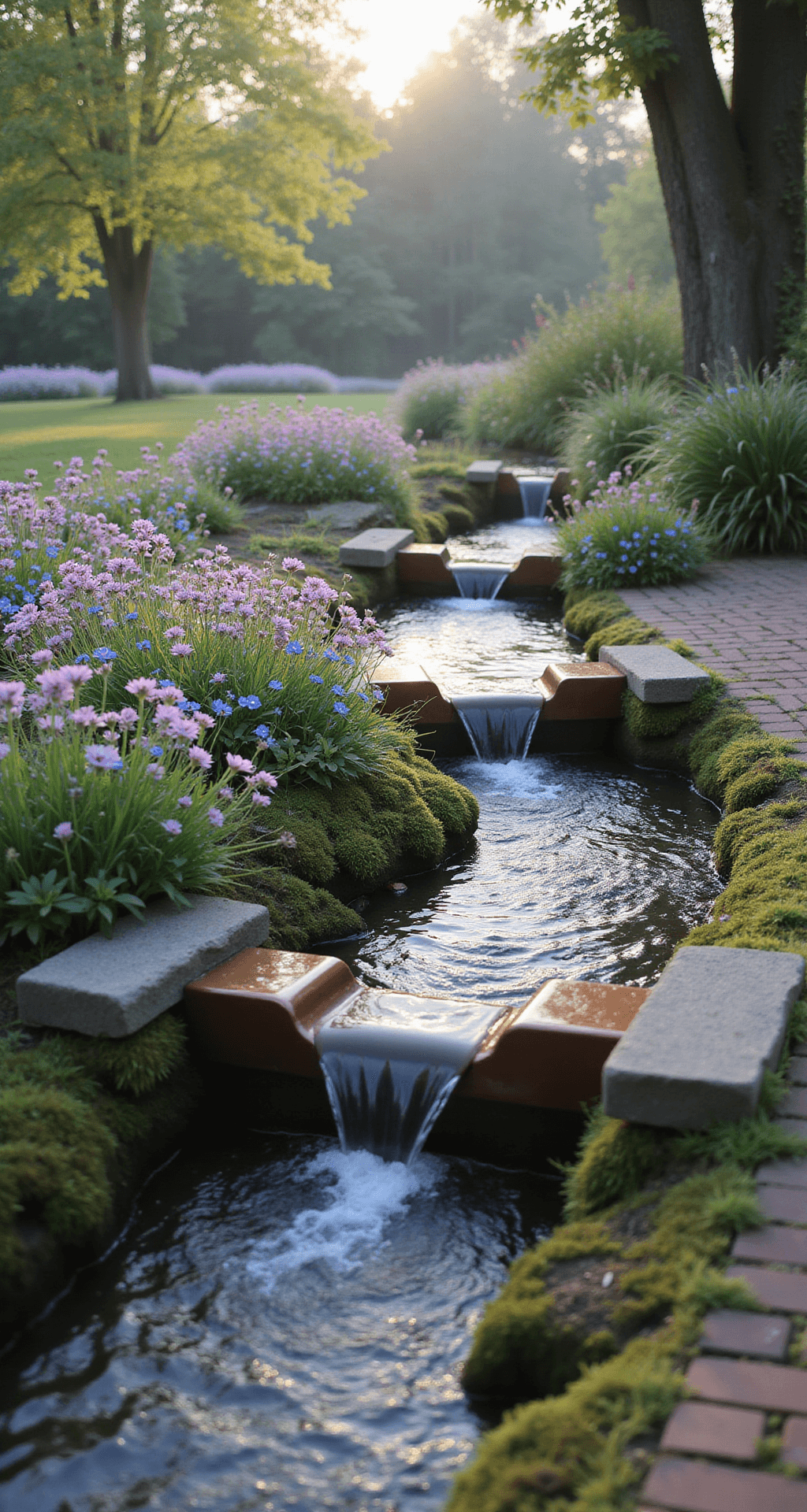 A serene cottage-style garden at dawn features a meandering stream, edged with weathered fieldstone and lined with blooming Creeping Phlox and Forget-me-nots. Vintage copper water features create gentle cascades, while an antique brick pathway with moss-filled cracks runs alongside. Soft morning light enhances the ethereal atmosphere, highlighting dewdrops on flowers in a pastel palette of pinks, blues, and gold tones.