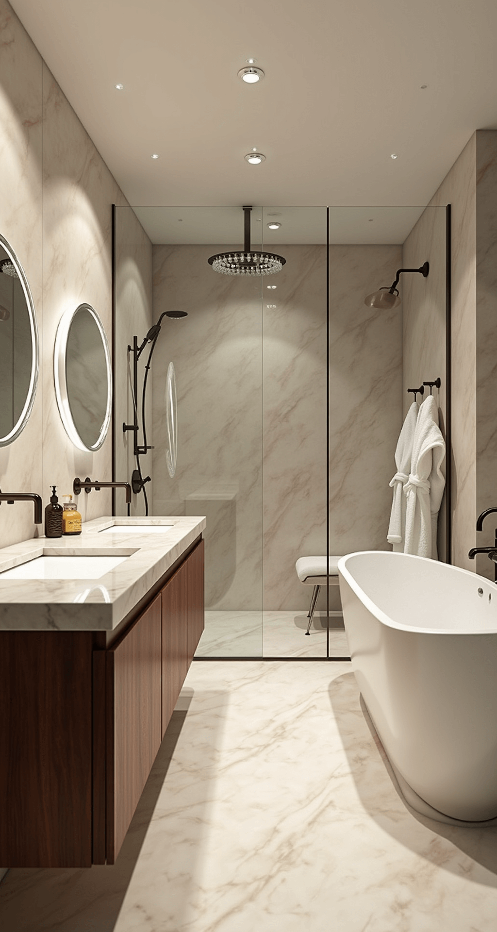 Tiny Bathroom Remodel: Transforming Your Compact Space into a Stylish Oasis A luxurious spa-inspired bathroom featuring marble-effect porcelain walls, heated ivory travertine tiles, a freestanding oval tub with a brass faucet, a floating walnut double sink vanity with a Carrara marble countertop, LED halo mirrors, a seamless glass walk-in shower with body jets, a small chandelier, and plush white robes.