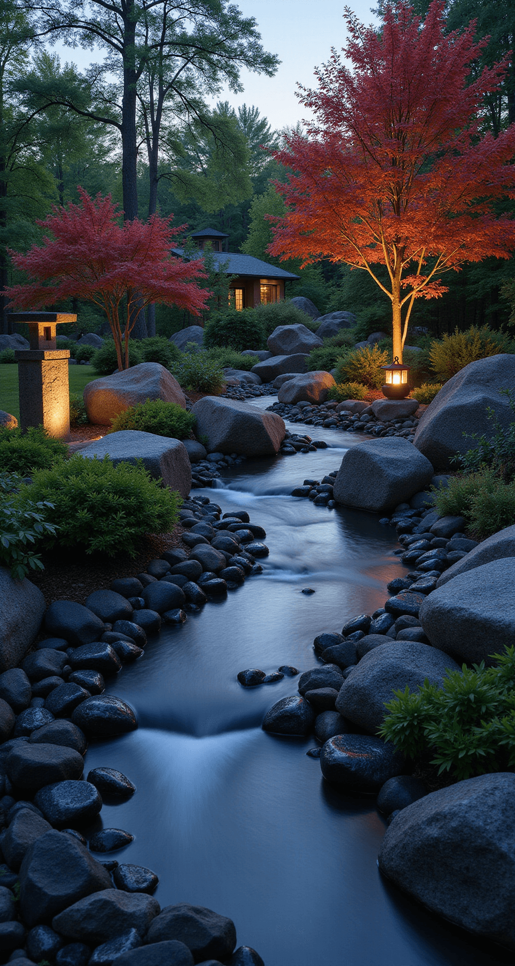 A serene twilight meditation garden featuring a flowing S-curved stream lined with polished black river rocks and large boulders, framed by cloud-pruned Japanese Maples and illuminated by softly glowing stone lanterns. A bamboo water spout directs a singular stream of water, creating a tranquil atmosphere with cool evening tones and dramatic shadows.