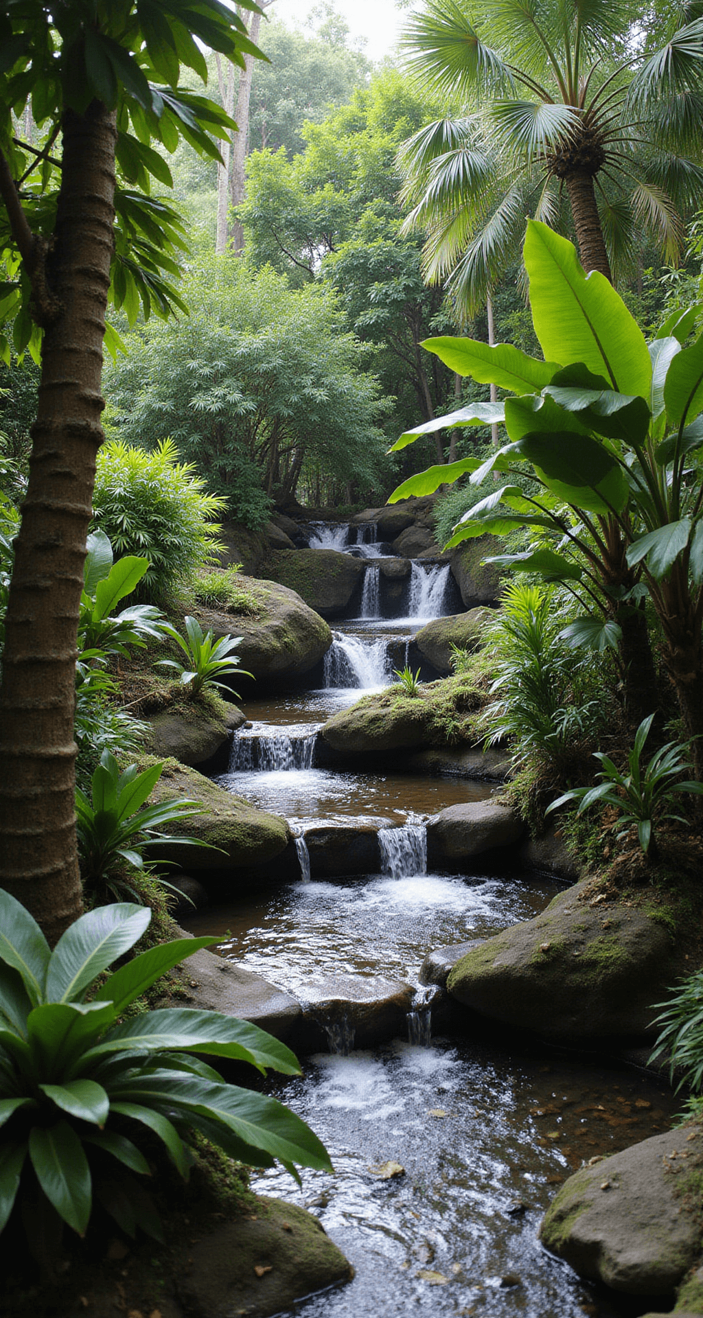 Aerial view of a tropical garden with a stream featuring multiple waterfalls over volcanic rocks, surrounded by lush greenery including giant Bird of Paradise and Tree Ferns, with bromeliads and orchids along the edges, and natural stone steps crossing the water, all illuminated by bright afternoon light.