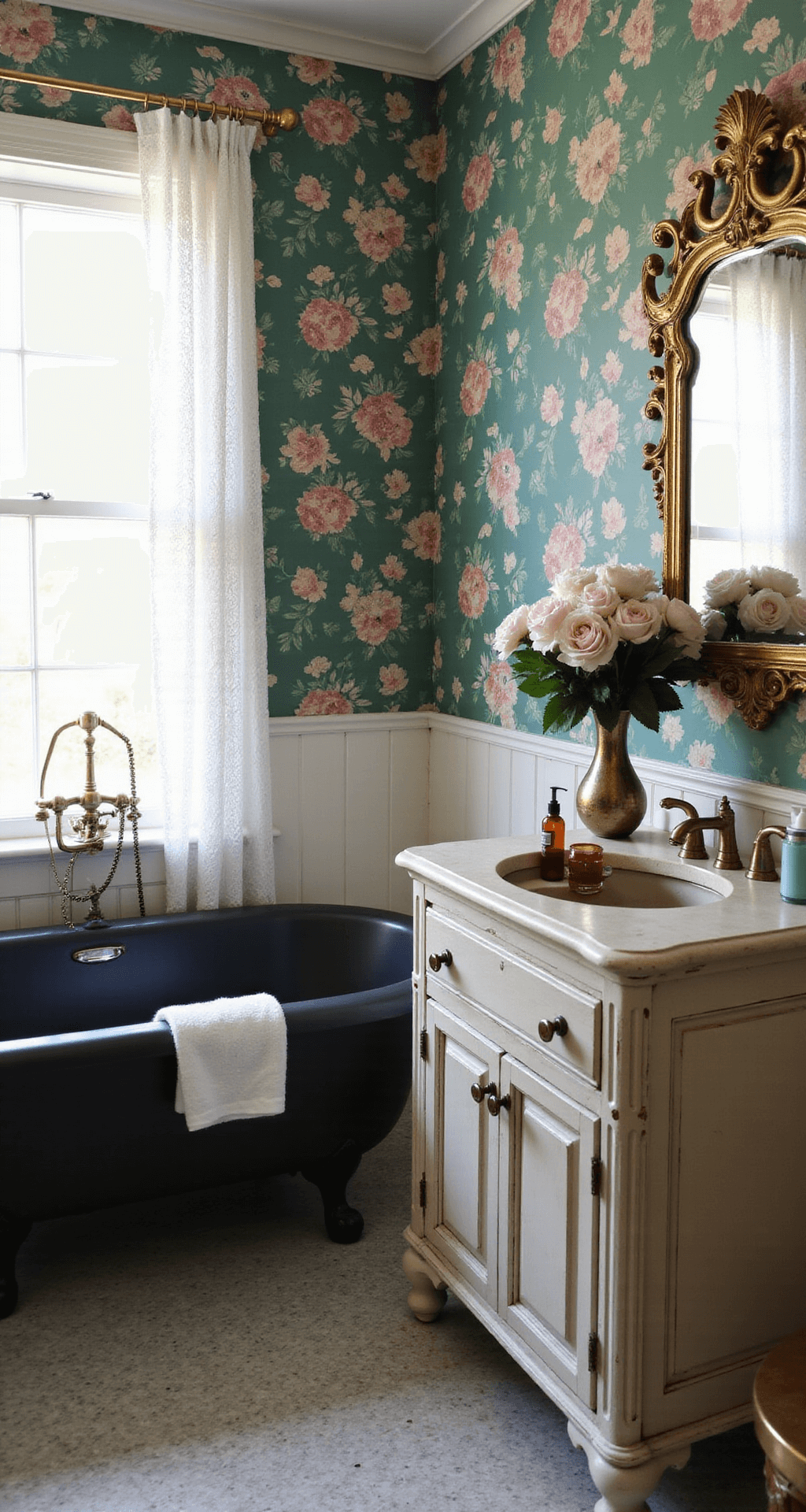 Cozy vintage-inspired bathroom featuring a matte black clawfoot tub, bold floral wallpaper in emerald green and blush pink, a weathered wood vanity with antique brass knobs, and a gilded mirror, all bathed in soft afternoon light.
