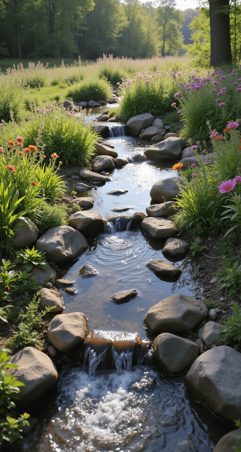 A serene early morning view of a wildlife-focused stream in a natural garden, featuring gentle meanders and shallow pools with native limestone edges, adorned with Butterfly Weed and Cardinal Flowers attracting pollinators. Submerged logs and rock clusters form microhabitats, while morning backlight highlights the water spray, all captured with a fast shutter speed to optimize for wildlife moments.