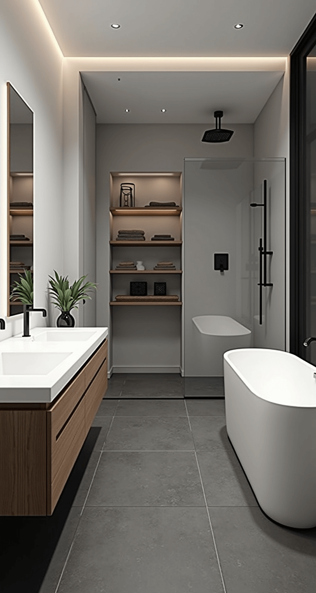 A modern minimalist bathroom with white walls, matte black fixtures, and warm wood floating double vanity. Charcoal tiles cover the floor and an accent wall. A frameless glass shower enclosure and freestanding white bathtub are present, complemented by sleek open shelving with towels and decor, captured from a low perspective to highlight clean lines and spaciousness.