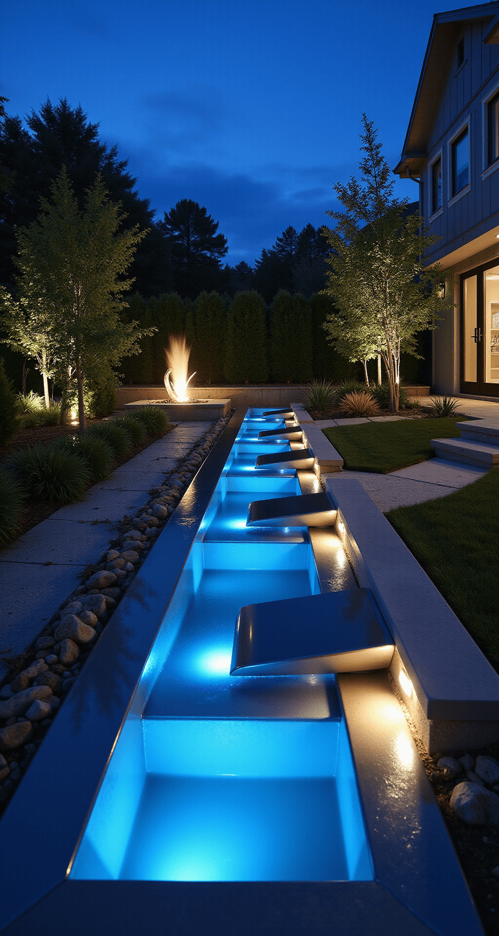 A night scene of a contemporary garden featuring a illuminated stream installation, with a cascading water curtain and reflective stainless steel edges, captured during blue hour. Long exposure reveals light reflections on the water, complemented by underwater lights and modern sculptures, dominated by deep blues and whites.