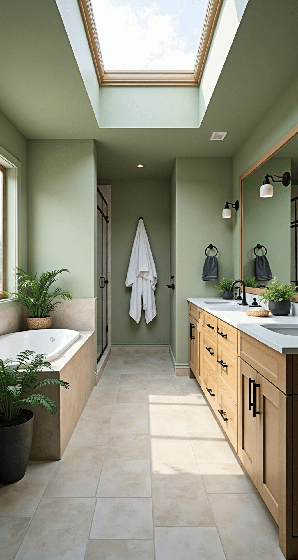 A serene master bathroom featuring sage green walls, natural stone tile flooring, a light oak double vanity with matte black faucets, a walk-in shower with glass doors, and potted ferns, all illuminated by soft natural light from a skylight.
