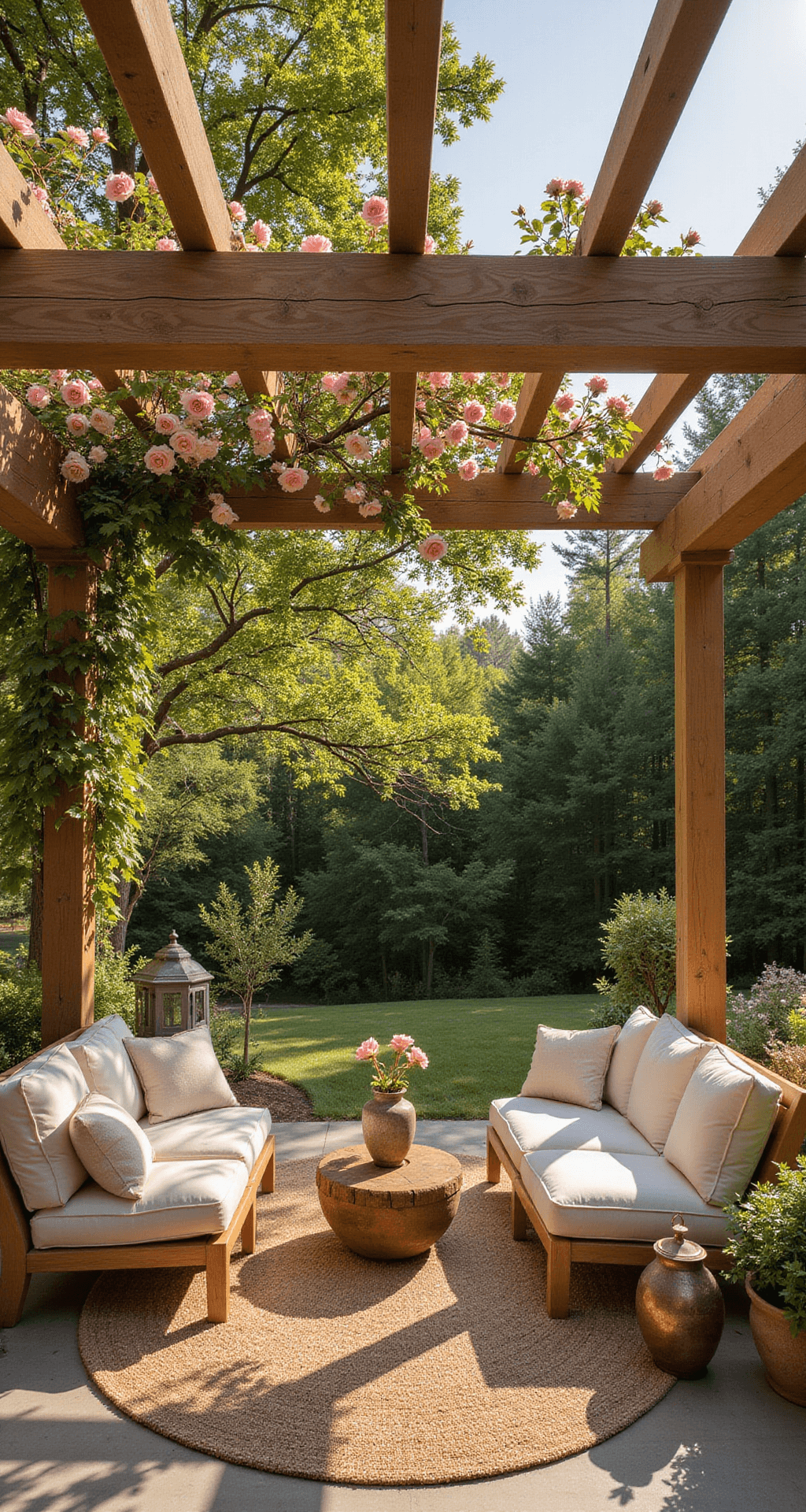 A sunlit wooden terrace featuring a cedar pergola, weathered teak furniture, climbing pale pink roses, rustic pottery, ivory cushions, and vintage lanterns, all highlighted by warm tones and copper accents, captured at golden hour.