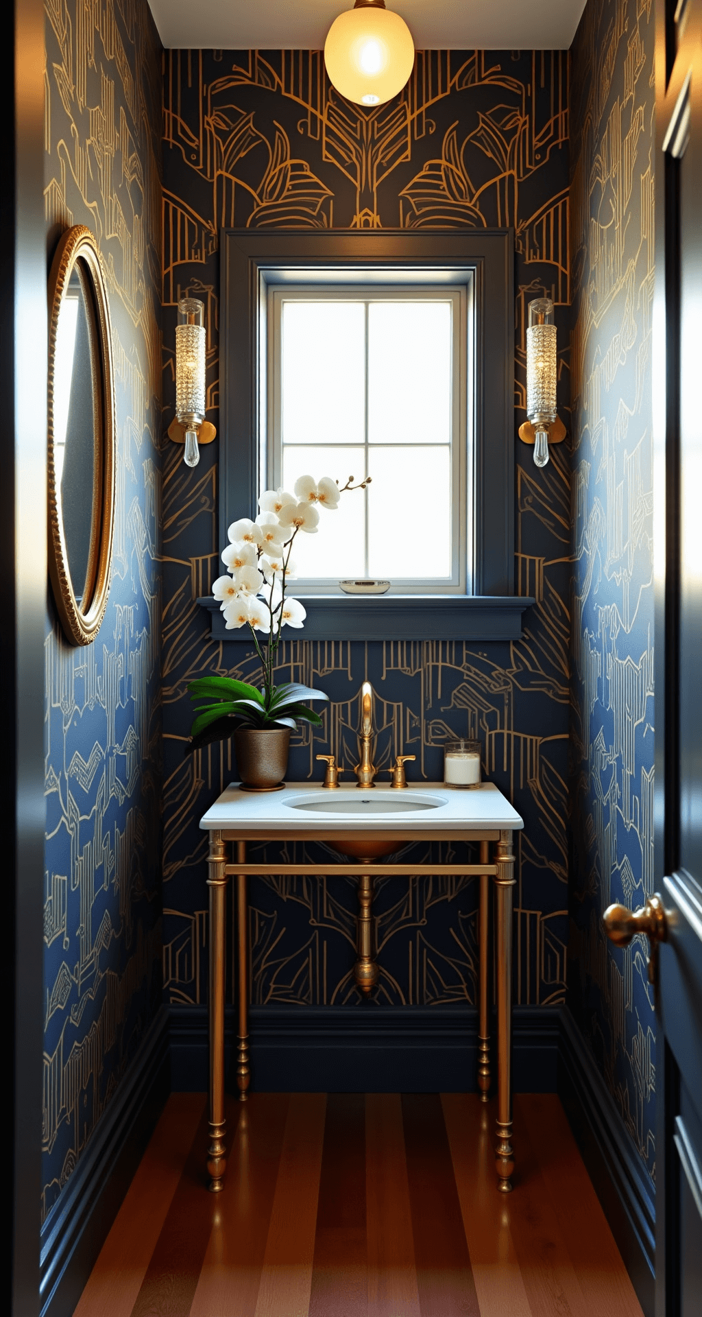 A small, glamorous powder room featuring dramatic navy and gold Art Deco wallpaper, a gold-framed vanity with a marble top, and refinished mahogany hardwood floors, illuminated by warm afternoon sunlight.