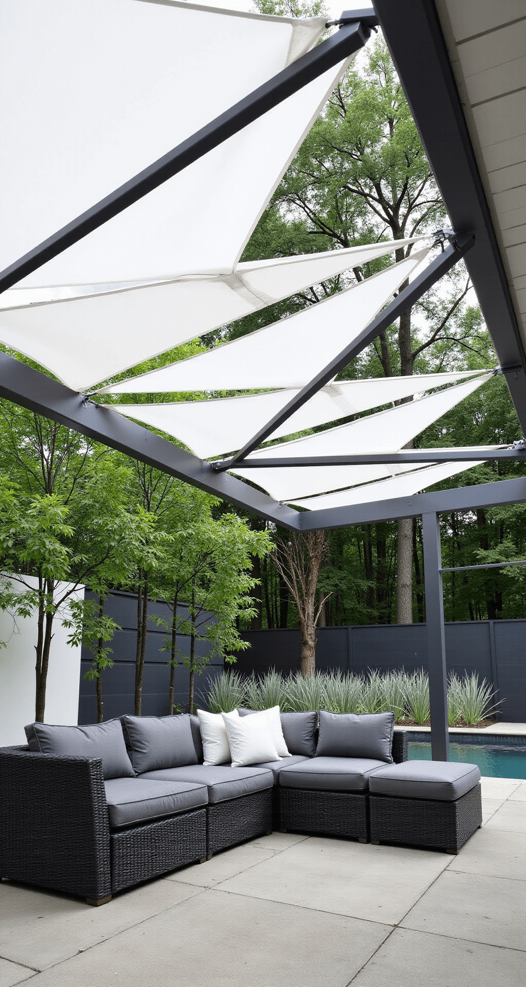 A sleek 20ft gunmetal grey aluminum pergola with white fabric shade sails, framing a contemporary lounge space with a charcoal sectional, surrounded by minimalist plantings of black bamboo and silver grasses, and a reflection pool in bright midday light.