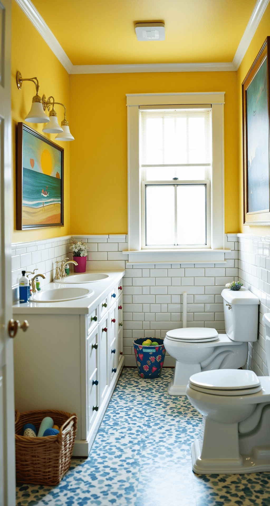 A vibrant family-friendly bathroom with bright yellow walls, white subway tile wainscoting, a white double vanity with colorful knobs, playful patterned floor tiles, and open shelving displaying colorful towels and baskets, all illuminated by morning light and featuring a whimsical sea scene print.