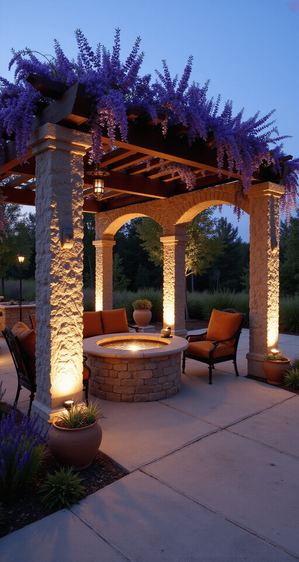 A dusk scene of a weathered stone pergola draped in purple wisteria, surrounded by wrought iron furniture with terra cotta cushions, and a mosaic tile fountain, with uplighting highlighting textured stone columns and terracotta pots overflowing with lavender and rosemary, creating a romantic atmosphere in rich earth tones.