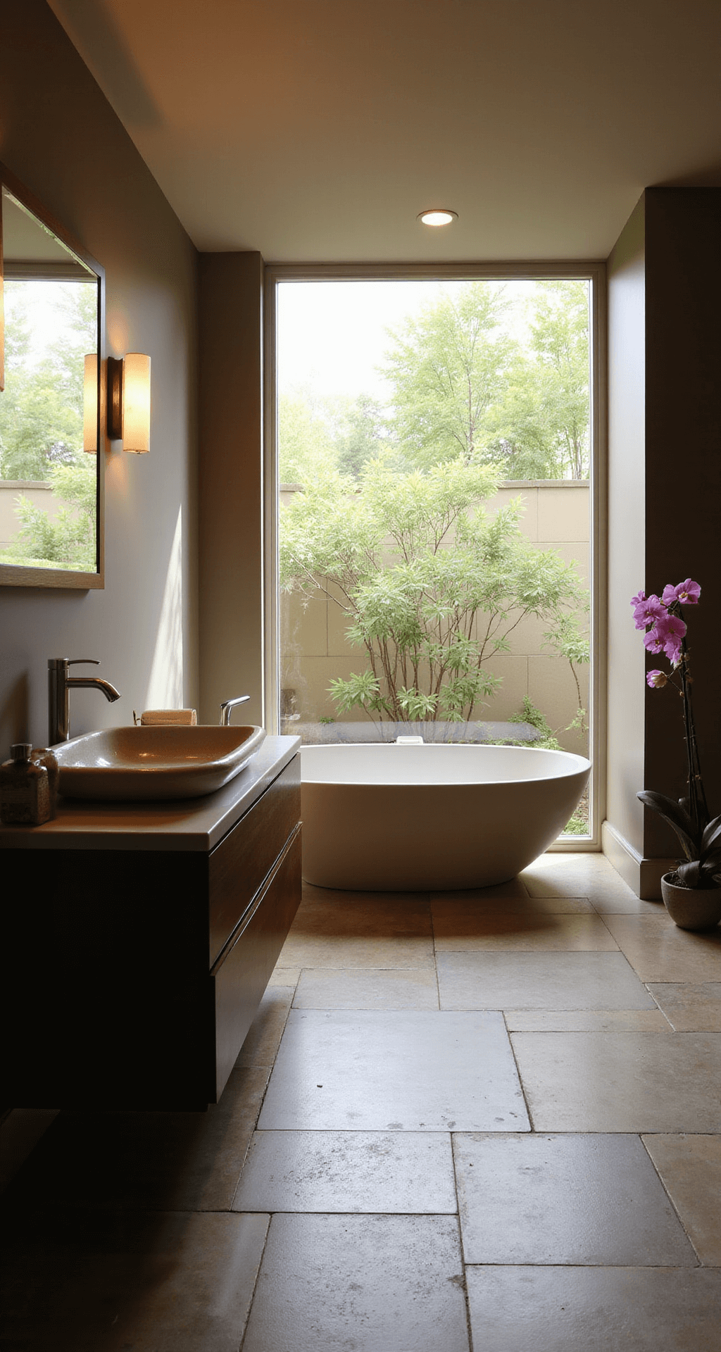 A tranquil zen-inspired bathroom featuring a floating dark walnut vanity, vessel sink, and freestanding soaking tub under a large window with a view of a bamboo garden, all bathed in soft light and warm taupe walls.