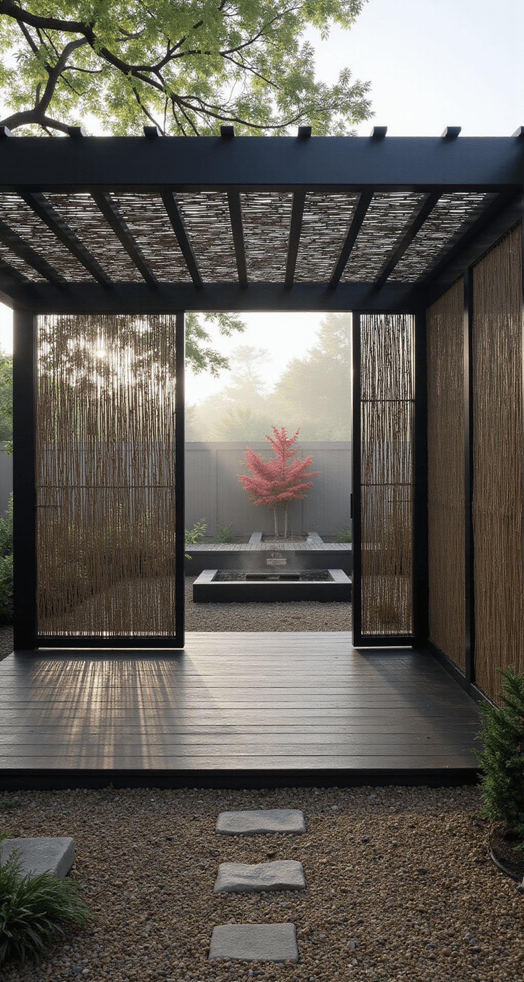 A serene Zen garden featuring a black bamboo pergola, low Japanese-style seating, and a water feature, all captured in morning light. The elevated shot highlights clean lines and gravel patterns, framed by natural fiber screens that provide dappled shade. A monochromatic palette of blacks and greens is accented by a single red maple, creating a misty, tranquil atmosphere.