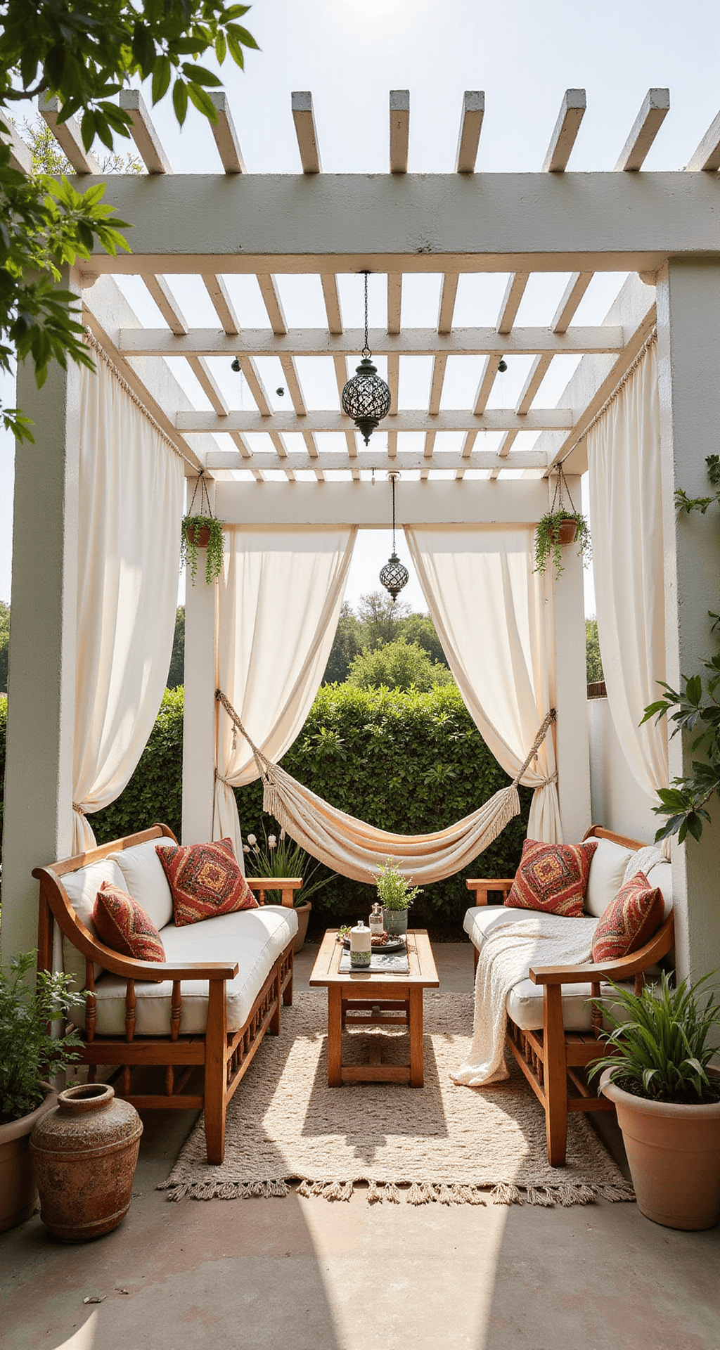 A cozy bohemian lounge under a distressed white pergola with billowing ivory curtains, featuring mixed vintage furniture, a macramé hammock, and hanging plants, all complemented by Moroccan lanterns and richly textured textiles.