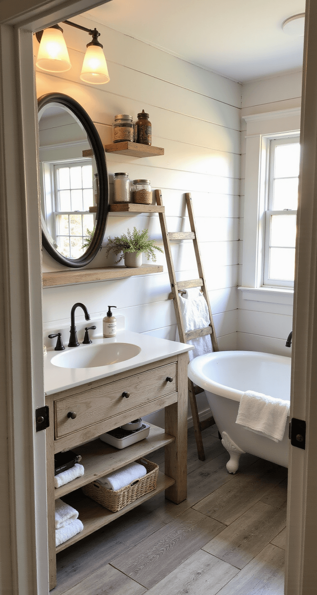 A cozy farmhouse bathroom featuring creamy white shiplap walls, a reclaimed wood vanity with an aged brass faucet, a round mirror, open shelving with towels and jars, weathered wood-look porcelain herringbone tiles, and a clawfoot tub, all bathed in warm morning light.