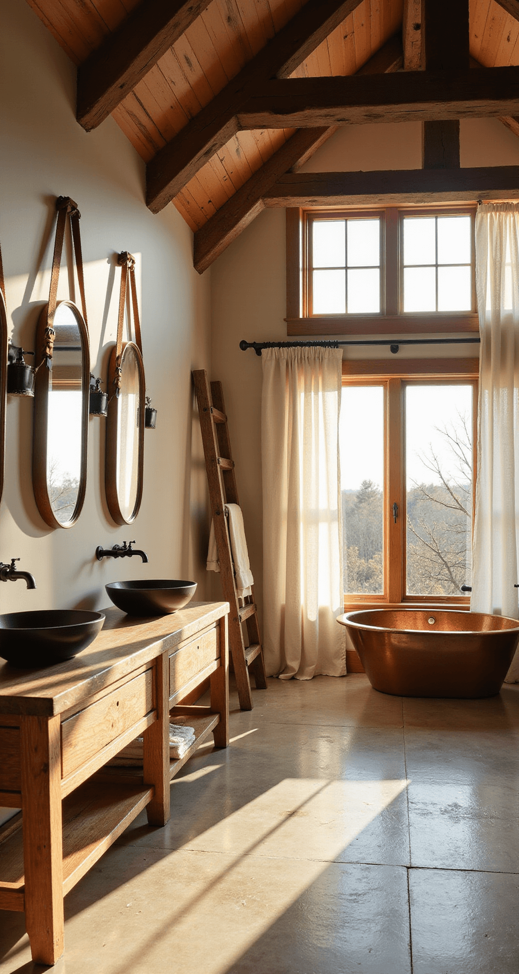 A spacious master farmhouse bathroom featuring vaulted ceilings, large windows filtering golden light, a distressed oak double vanity with vessel sinks, oval mirrors, a freestanding copper soaking tub, and soft linen curtains, all highlighting the interplay of light and shadow on a cement tile floor.