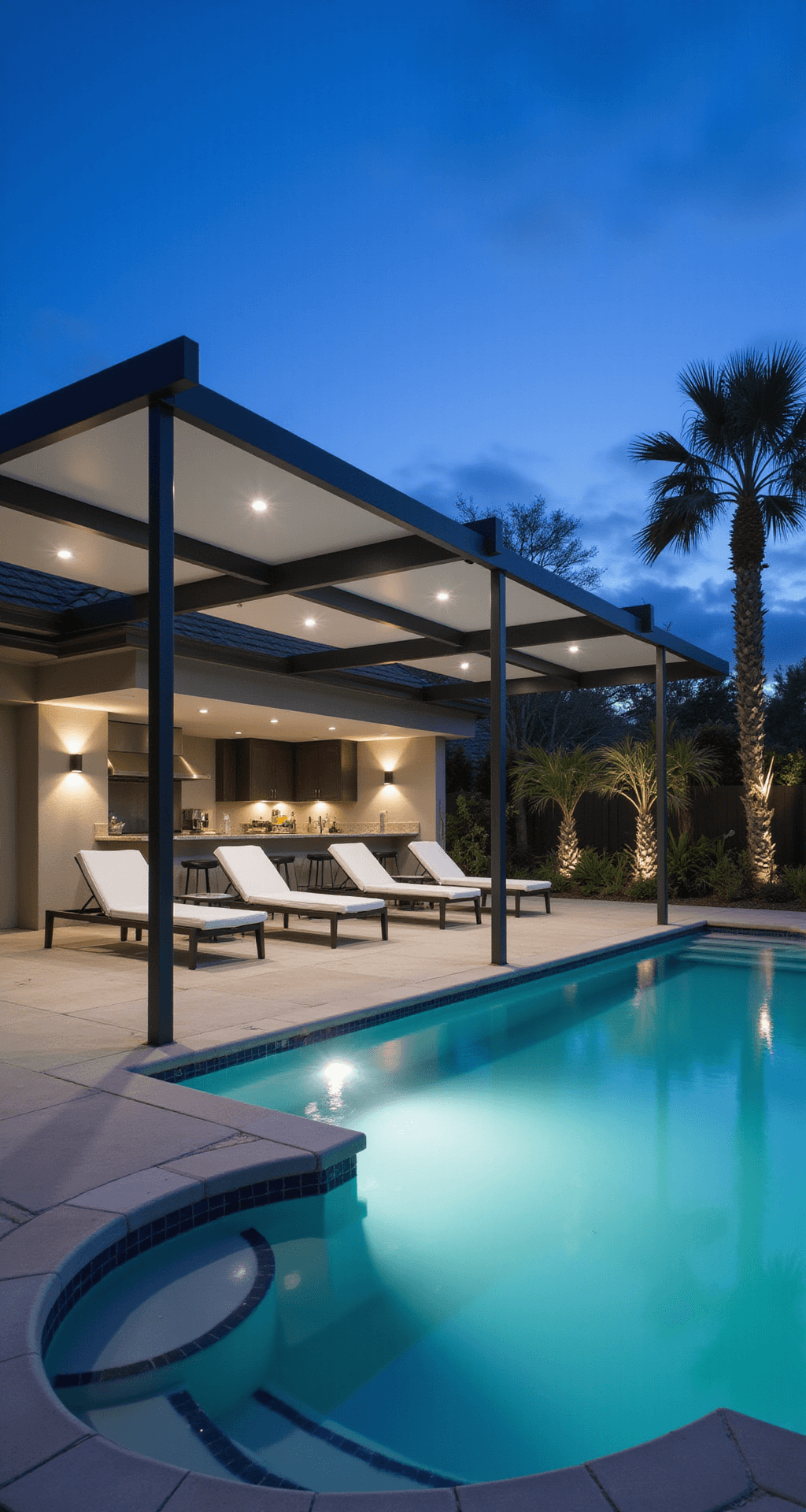 Aerial view of a luxurious poolside area featuring a 24ft modern aluminum pergola with integrated LED lighting, an outdoor kitchen and bar, sleek white chaise lounges, and tropical plants for privacy, all set in a grey, white, and aqua color scheme at twilight.