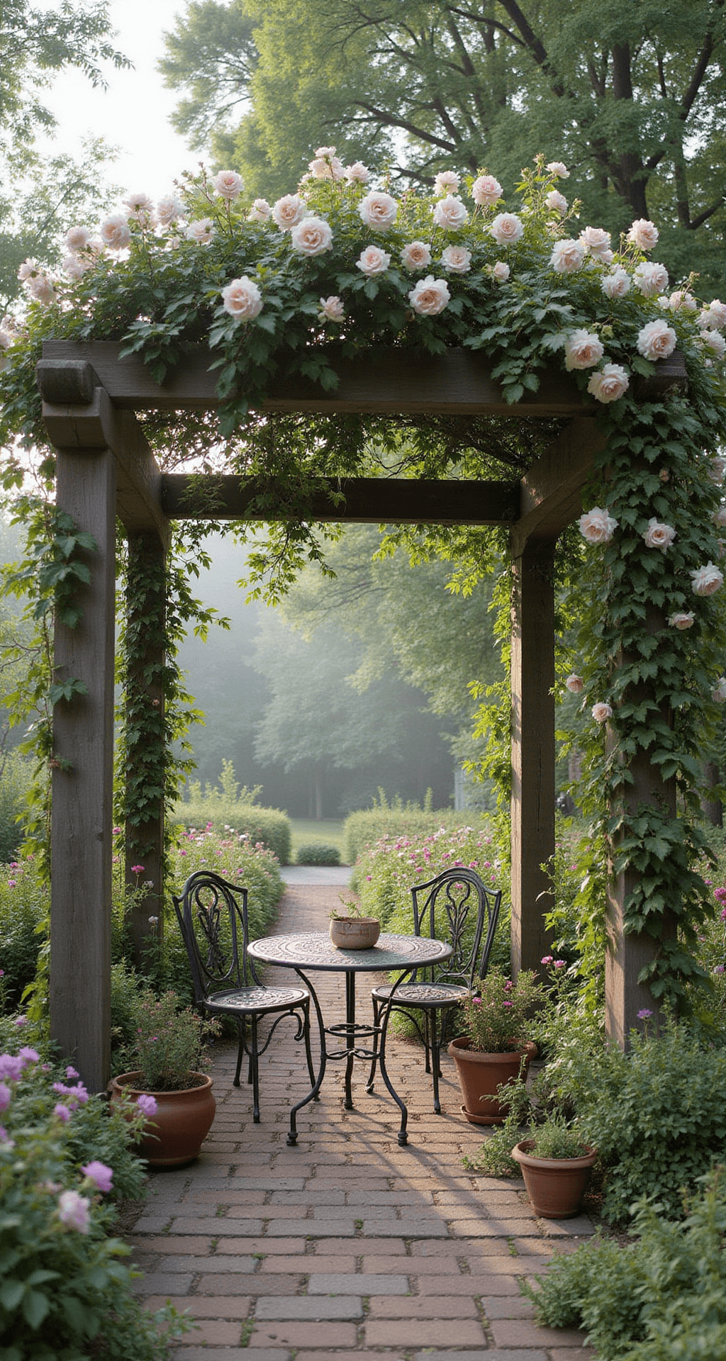 A ground-level view of a reclaimed wood pergola covered in climbing heritage roses and clematis, surrounded by a lush cottage garden with a vintage iron bistro set, aged terracotta containers, and antique garden tools, all illuminated by soft morning mist and pastel colors against a deep green backdrop.