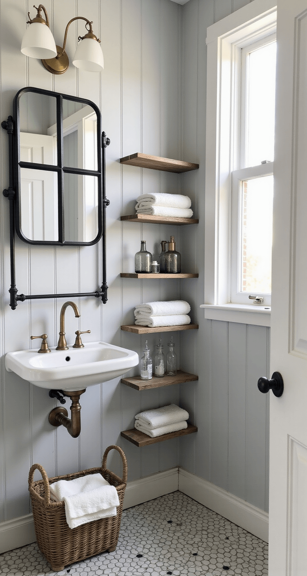 A cozy farmhouse powder room featuring vertical shiplap walls painted soft grey, with a petite wall-mounted sink, brass piping, a mirrored medicine cabinet, reclaimed wood shelves, black and white hexagonal floor tiles, and a frosted glass window with natural light filtering in.