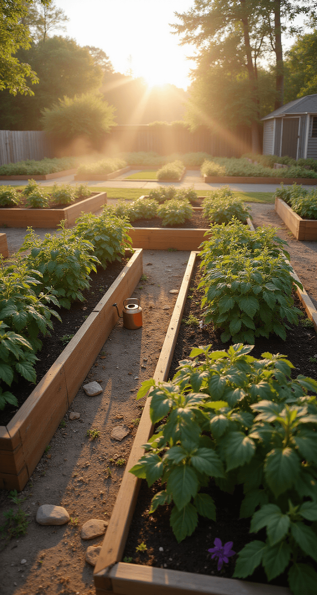 A serene early morning garden scene featuring three cedar raised beds arranged in a U-shape, filled with vibrant tomato plants and purple basil, illuminated by golden sunrise light filtering through mist. A weathered stone pathway separates the beds, with a vintage copper watering can nestled in the corner, while gentle atmospheric moisture enhances the ethereal ambiance.