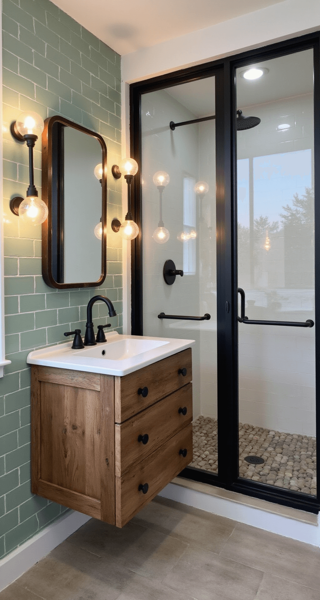 A rustic-modern farmhouse bathroom at dusk featuring floor-to-ceiling soft green subway tiles, warm white walls, a live-edge wood floating vanity with a white quartz countertop, matte black fixtures, a pebble shower floor, and pendant lights casting a warm glow.