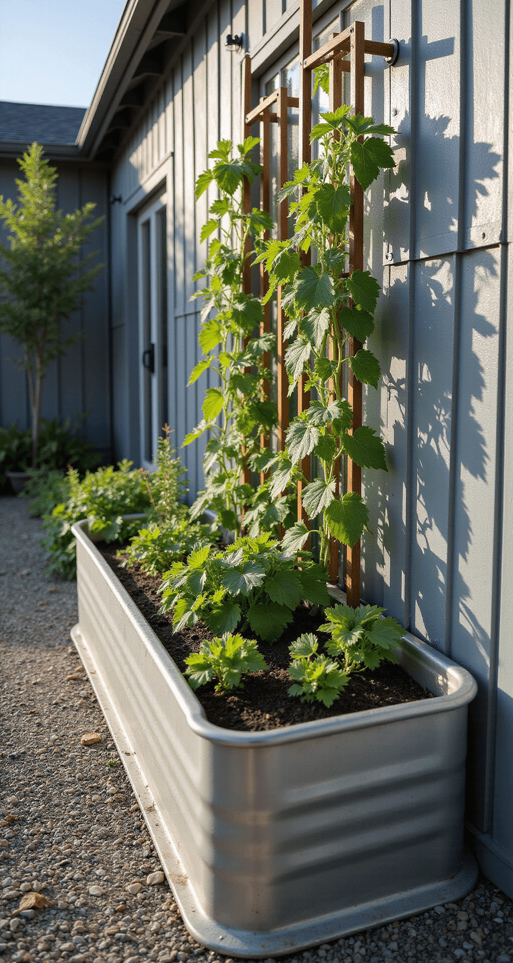 Low-angle closeup of a tall galvanized metal raised bed featuring a vertical cucumber trellis adorned with lush vines, set against a contemporary home exterior. Late afternoon light highlights the geometric lines and patina of the metal, with a visible drip irrigation system and a crushed granite pathway providing textural contrast.
