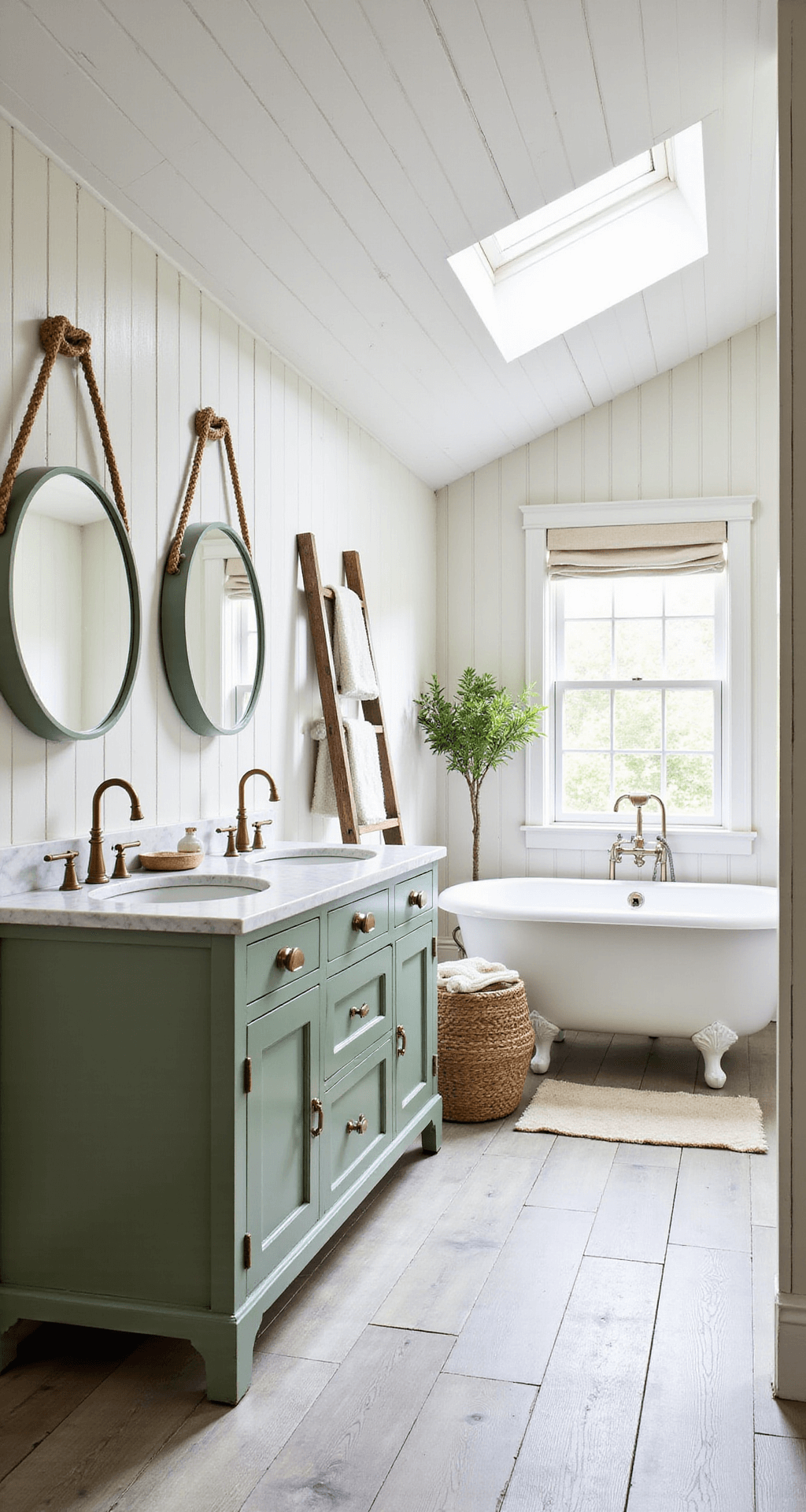 A bright and airy farmhouse bathroom with whitewashed wooden walls, a sage green double vanity, round mirrors with rope, a freestanding white porcelain tub, and large-format porcelain tiles, all illuminated by natural light from a skylight and window.
