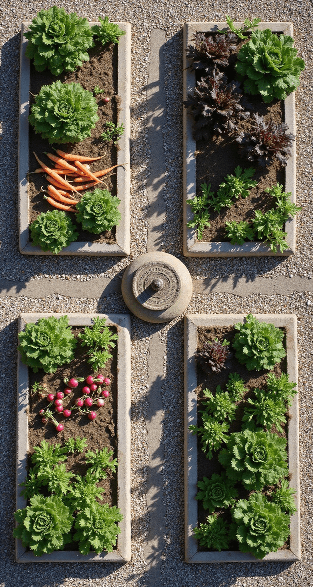 Overhead view of four stone raised garden beds in a formal layout, with morning light creating sharp shadows on gravel paths. Each bed displays companion plants like carrots and onions, and lettuce and radishes, creating vibrant color blocks. Aged stone textures vary from warm grey to mossy surfaces, centered by an antique sundial, highlighting a geometric and organized garden design.
