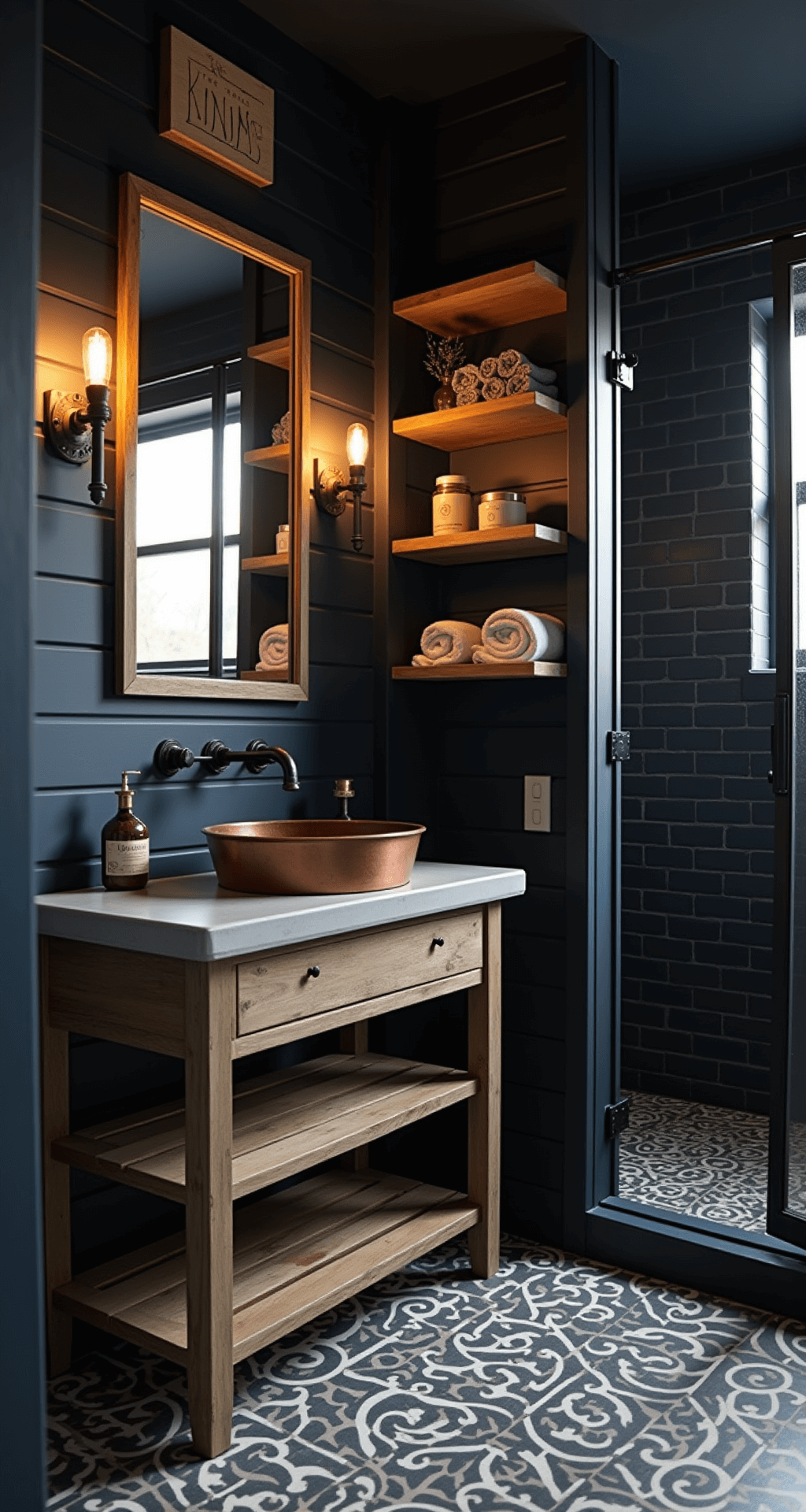 A cozy, moody farmhouse bathroom at twilight featuring deep navy shiplap walls, a weathered wood vanity, a hammered copper sink, and warm Edison bulb sconces, with matte black subway tiles in the shower, open shelving with rolled towels, and a patterned encaustic cement tile floor.