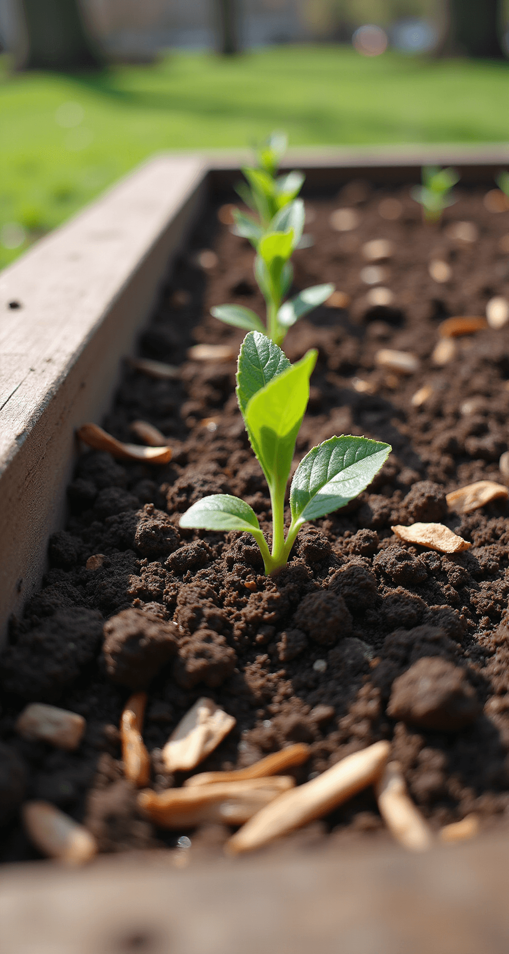 Eye-level view of a raised garden bed made from recycled plastic lumber, filled with rich, dark soil blend. The macro focus showcases the soil texture, revealing a well-mixed compost and topsoil. Fresh seedlings emerge in an early spring setting, with morning light catching water droplets on the soil surface. Natural wood chip mulch creates a neat border around the bed, emphasizing the depth and quality of the soil.