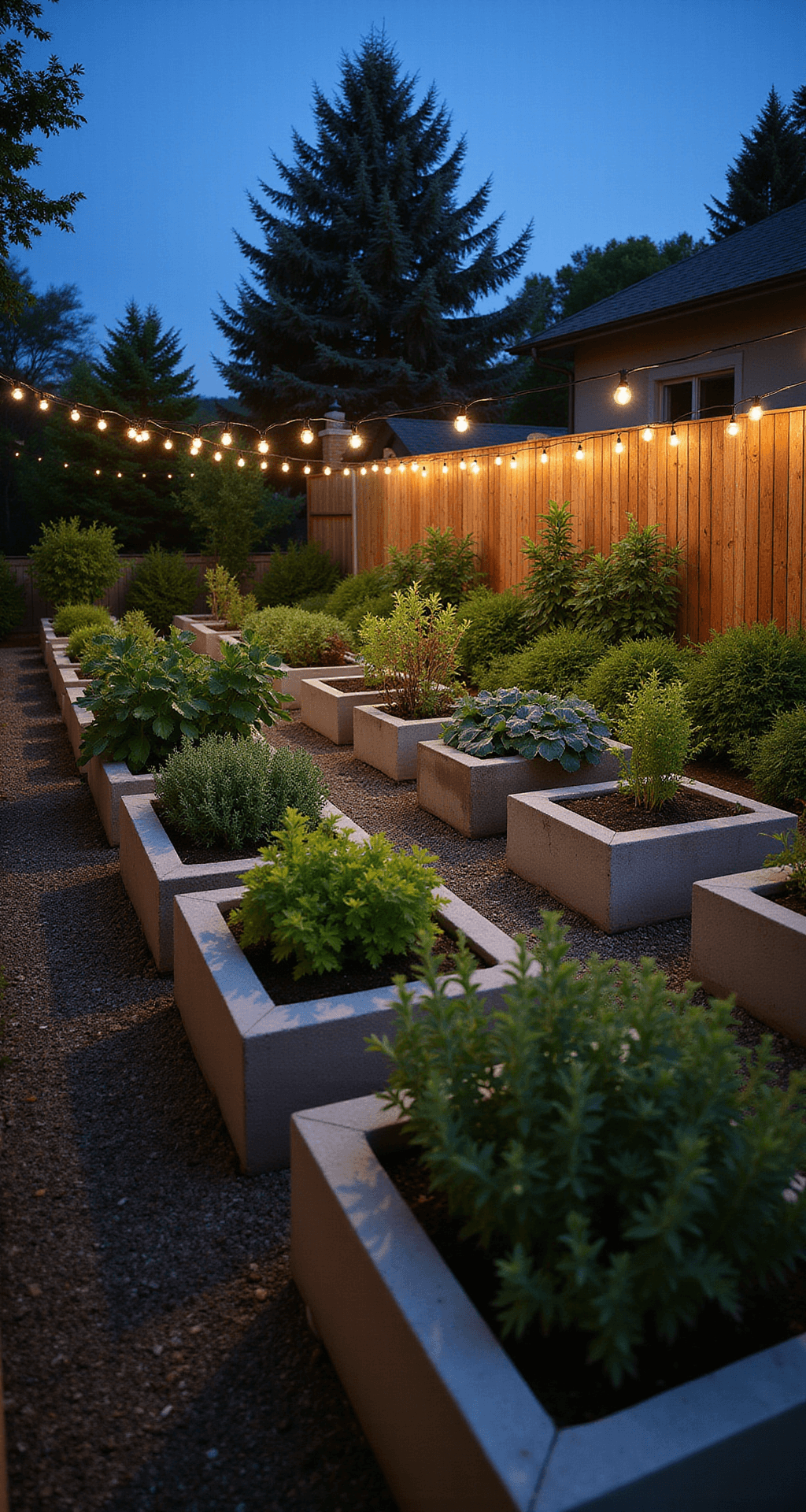Twilight photography of illuminated concrete block raised beds with summer vegetables, featuring varying heights, overhead string lights, and a balance of warm and cool lighting.