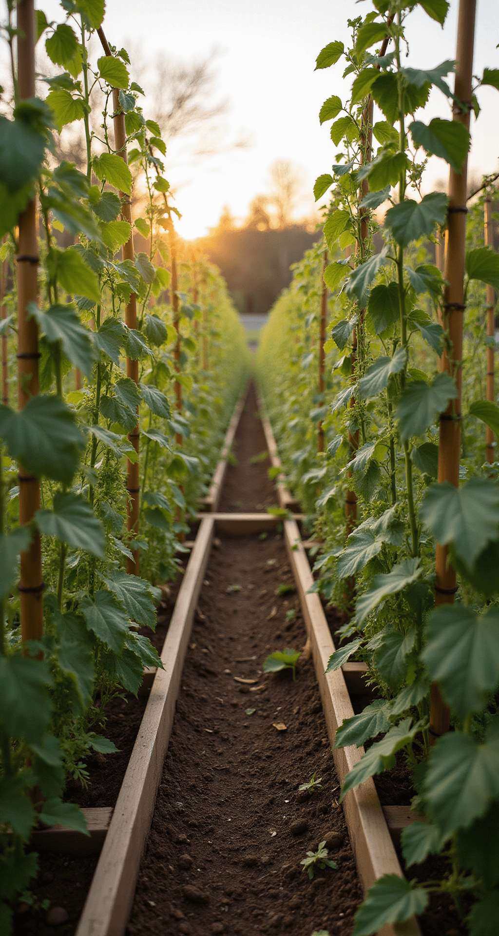 Ground-level view of a vertical gardening system within a traditional raised bed at golden hour, showcasing translucent climbing beans and pea tendrils. A bamboo trellis adds a geometric design, while intricate plant growth patterns and rich brown soil are prominently featured, highlighting space efficiency and vertical gardening.