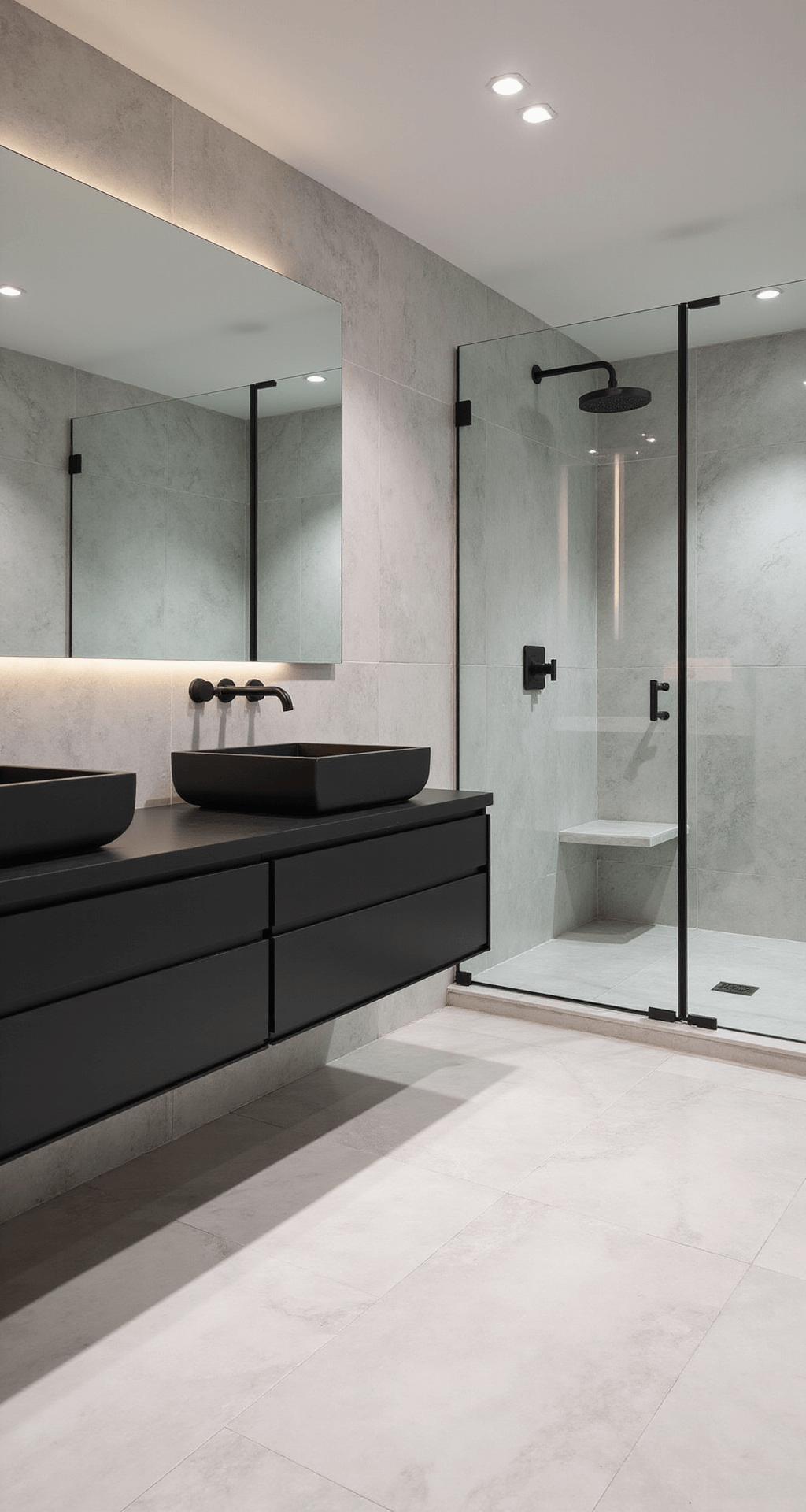 A chic guest bathroom featuring floor-to-ceiling marble-look porcelain tiles, a matte black floating double vanity with two vessel sinks, a large wall-spanning mirror, and a frameless glass shower enclosure with a rainfall showerhead, all illuminated by recessed LED lights and a backlit mirror.