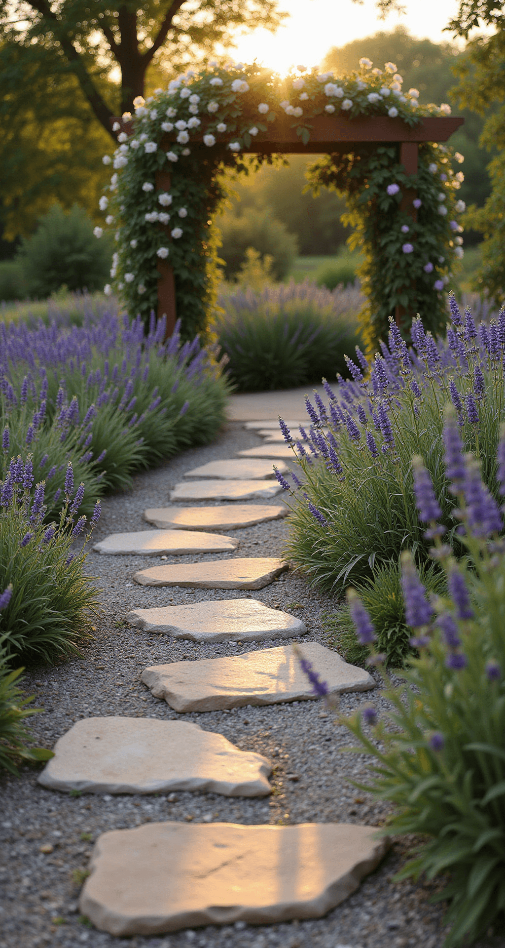 A winding flagstone garden path illuminated by golden hour light, surrounded by lavender and ornamental grasses, leading to a rustic wooden arbor with climbing roses, captured from a low angle with a dreamy background blur.