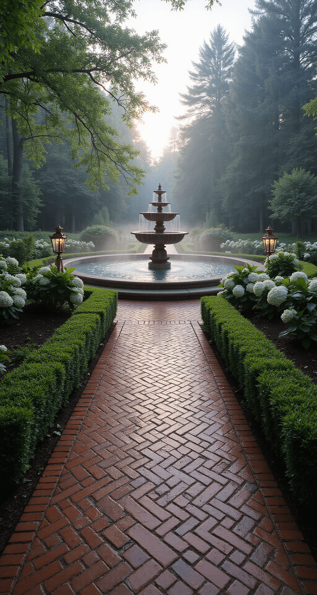 Morning dew sparkles on a formal brick pathway in herringbone pattern, leading to a garden fountain, bordered by boxwood hedges and white hydrangeas, with antique brass lanterns in symmetrical design; captured at dawn from an elevated angle showcasing geometric patterns and morning mist.