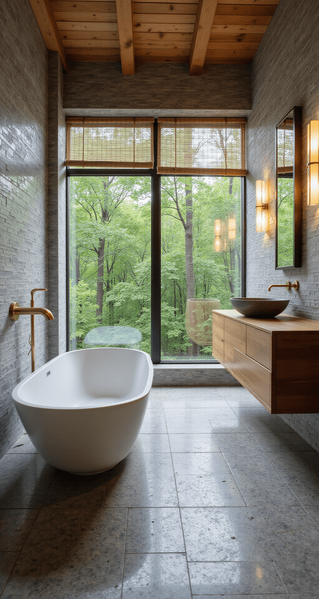 A serene spa-like guest bathroom featuring a freestanding matte white oval bathtub with a brushed gold waterfall faucet, surrounded by floor-to-ceiling stacked gray pebble tiles; a floating teak vanity with a stone vessel sink, large windows revealing lush greenery, and soft ambient lighting from hidden LED strips enhanced by dappled sunlight through bamboo shades.