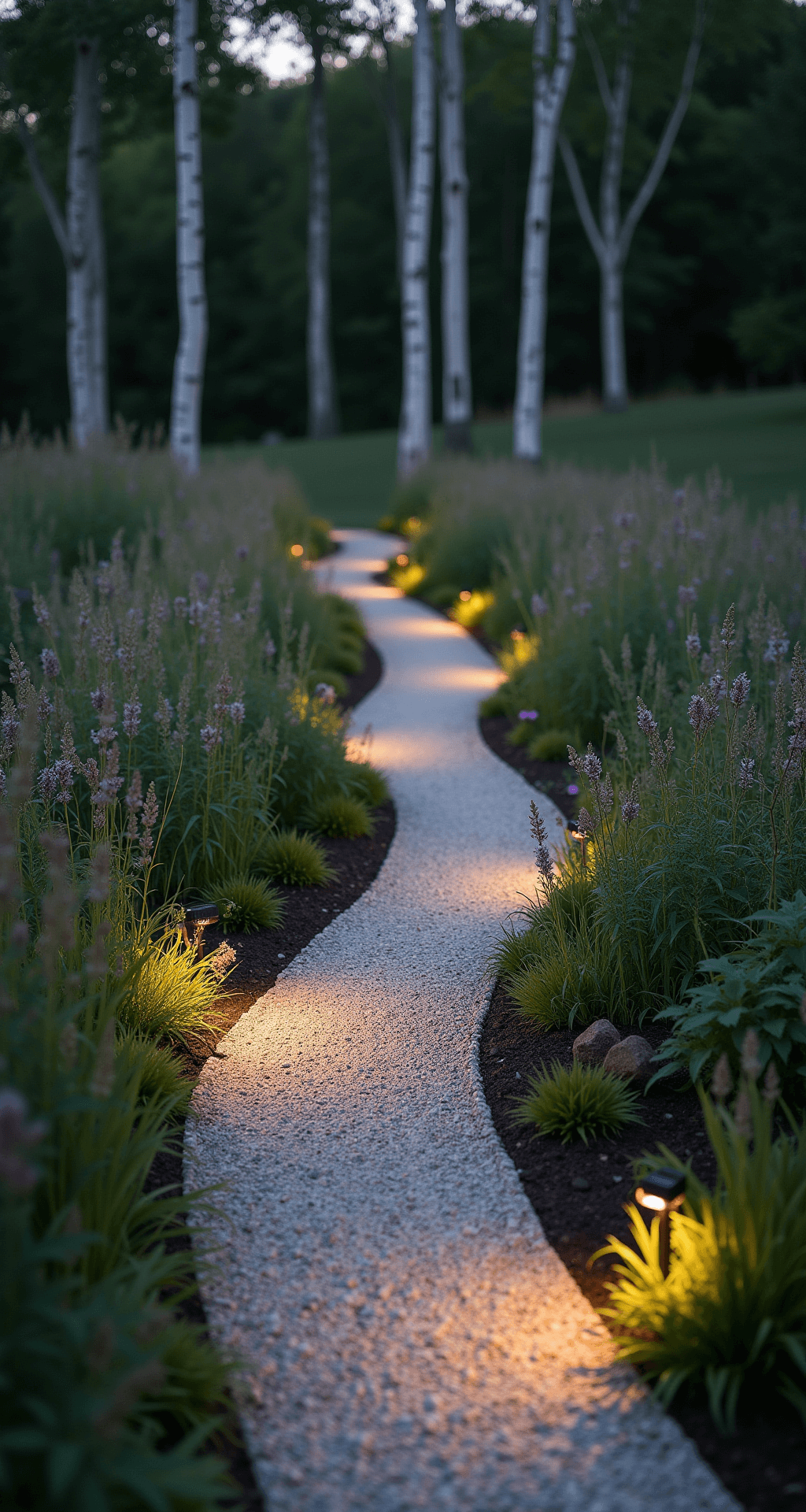 A winding gravel path made of crushed limestone meanders through native wildflowers and ornamental grasses, illuminated by warm solar-powered copper lights, leading into a grove of white birch trees at twilight.