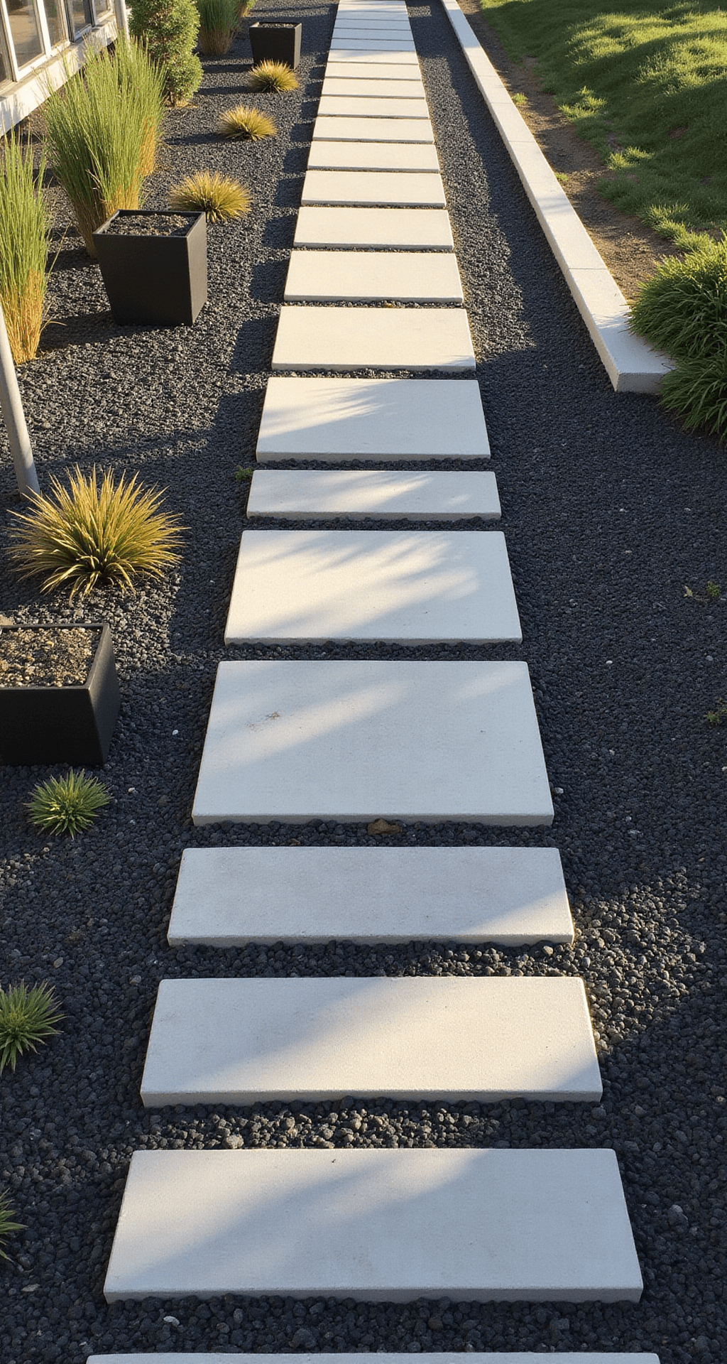 Aerial view of a contemporary minimalist pathway with large concrete pavers surrounded by black Mexican beach pebbles, complemented by architectural grasses and steel planters, illuminated by late afternoon light.