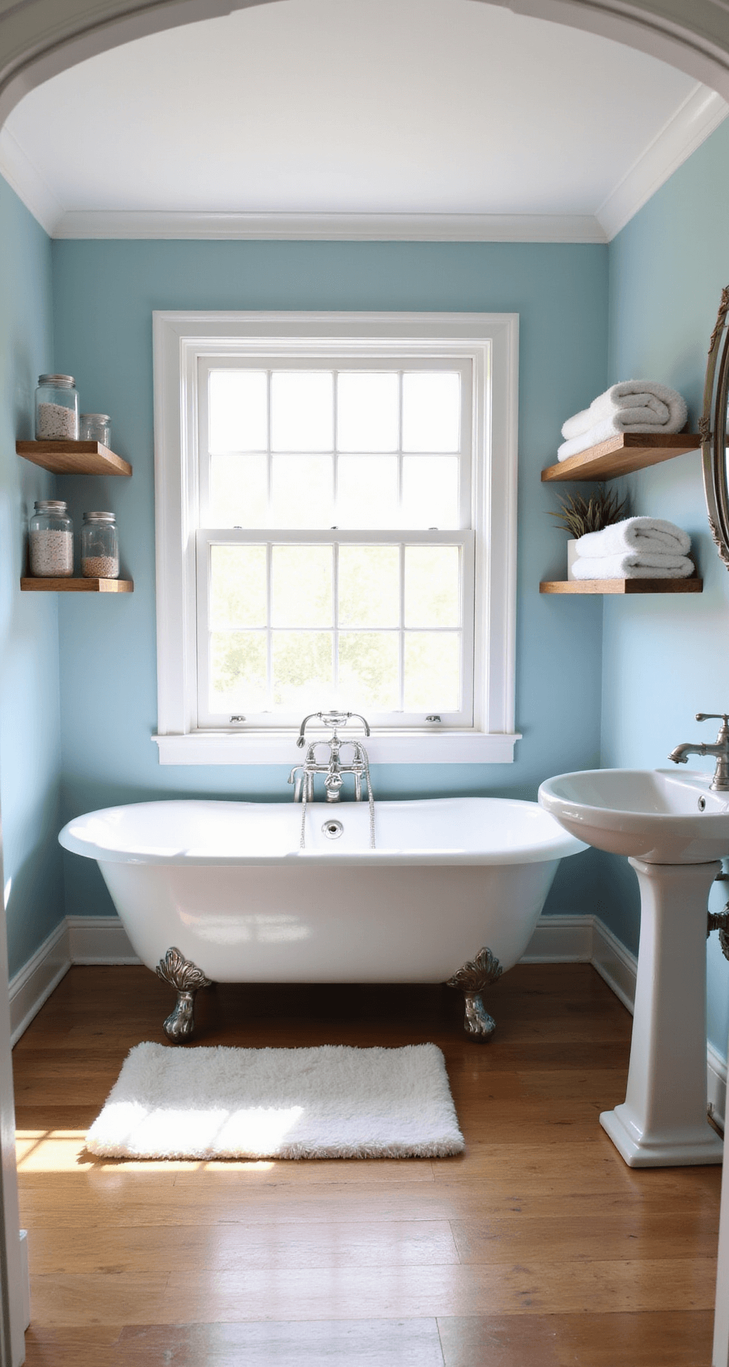 A bright, airy bathroom with pale blue walls, a vintage clawfoot tub under a large window, a white pedestal sink, hardwood floors, and floating wooden shelves displaying towels and bath salts, all illuminated by morning sunlight.