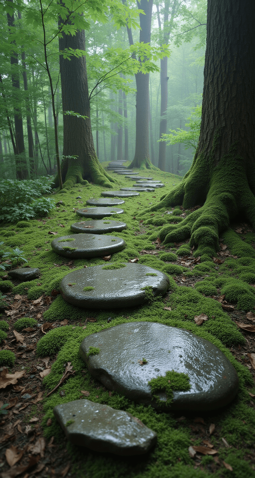 Mossy stepping stone path in light rain, featuring ancient granite stones set in emerald moss, under a dappled maple canopy, captured from a low perspective with water droplets and fog for a mystical atmosphere.