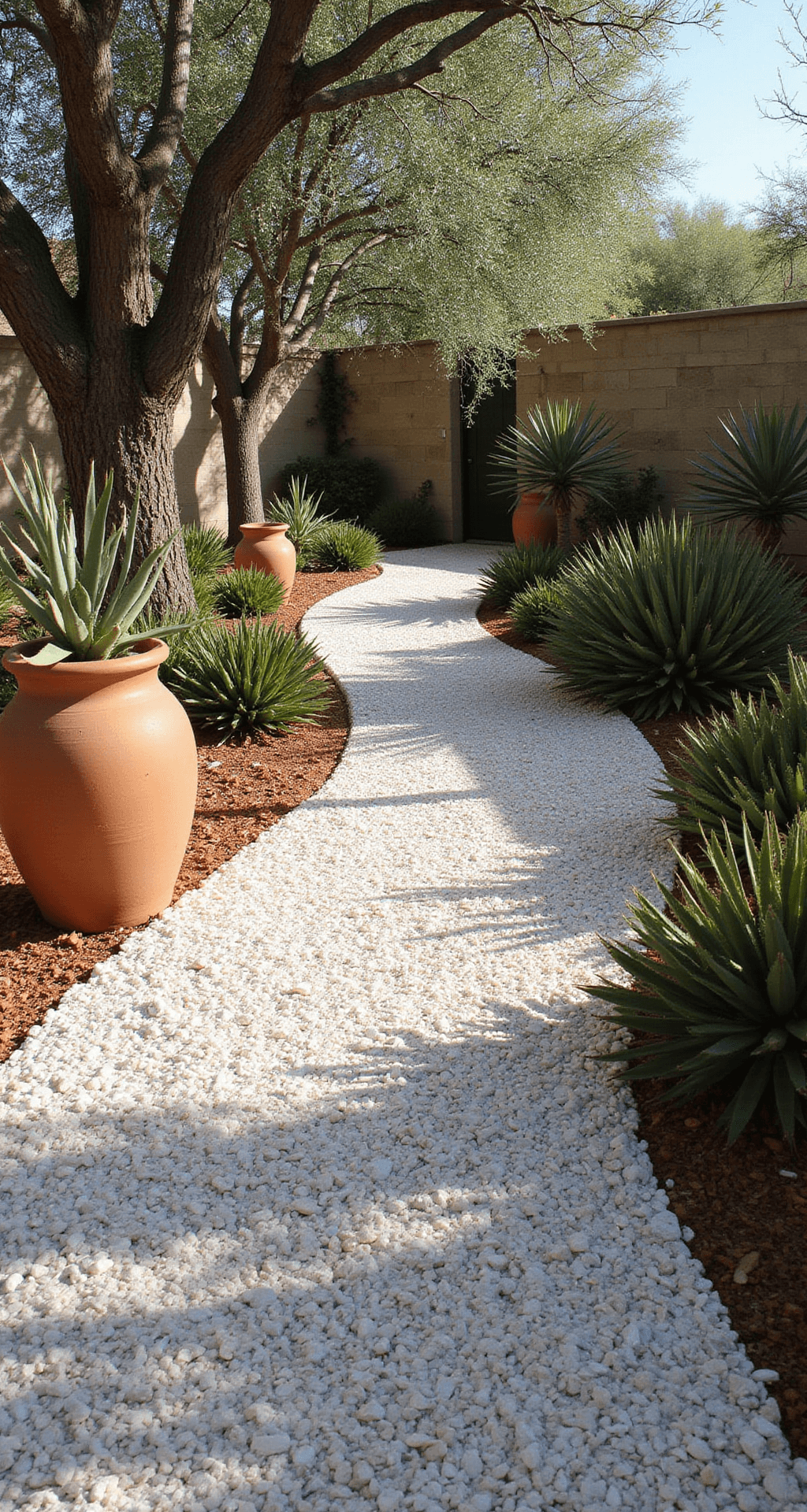 A luminous crushed shell pathway bordered by succulents and olive trees, framed by terra cotta pots and weathered stone walls, captured in intense sunlight with sharp contrasts between brightness and shadows.