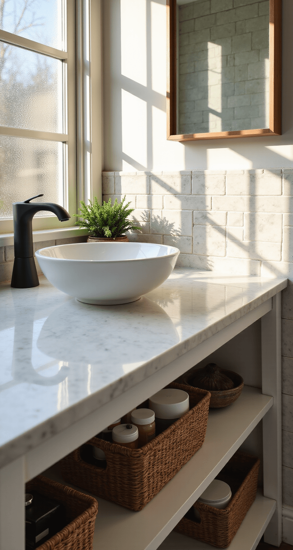 Close-up view of a bathroom vanity with marble-look tiles backsplash, illuminated by late afternoon sunlight. Features a glossy white countertop, modern vessel sink with matte black faucet, open shelving with woven baskets, and a potted succulent.