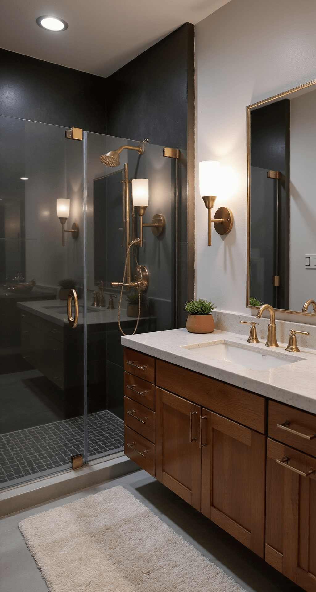 Elegant bathroom with dark charcoal accent wall, light gray walls, and ambient sconces, featuring a glass-enclosed shower with brushed gold hardware and a floating double vanity in warm wood tones, complemented by a textured ivory bath mat, all under moody dusk lighting.
