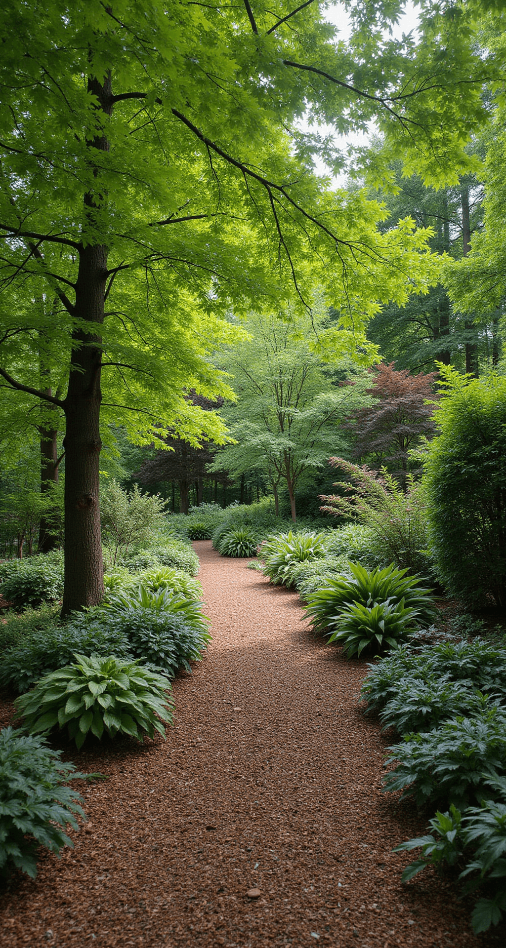 A rustic mulch pathway meanders through a shade garden, bordered by hostas and ferns, with dappled afternoon light filtering through the tree canopy.