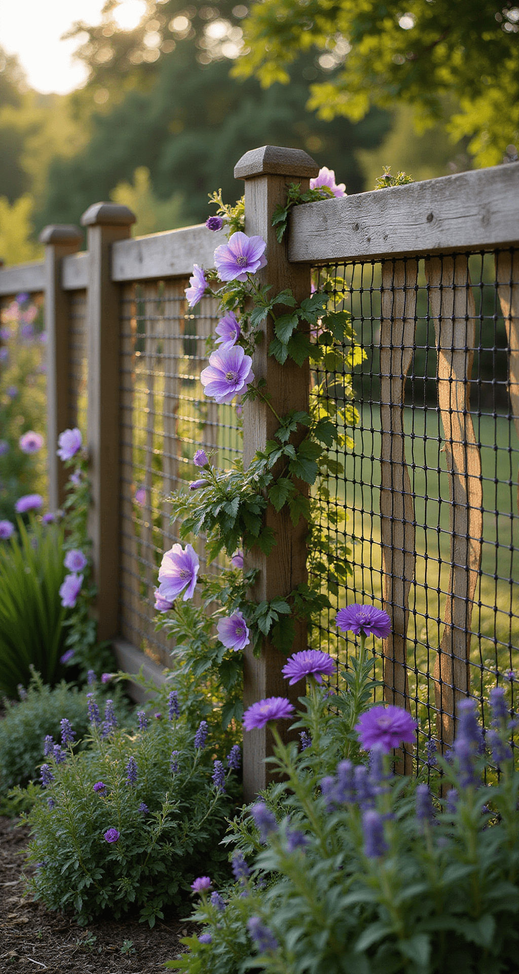 A charming cottage garden scene featuring a 6-foot tall combination wood and wire fence with weathered cedar posts and black powder-coated wire mesh. Purple clematis and climbing roses intertwine with the fence, bathed in golden hour sunlight that casts long shadows. The foreground showcases lush plantings of foxgloves, delphiniums, and lavender, while a natural bokeh effect softens the background garden elements in a warm color palette.