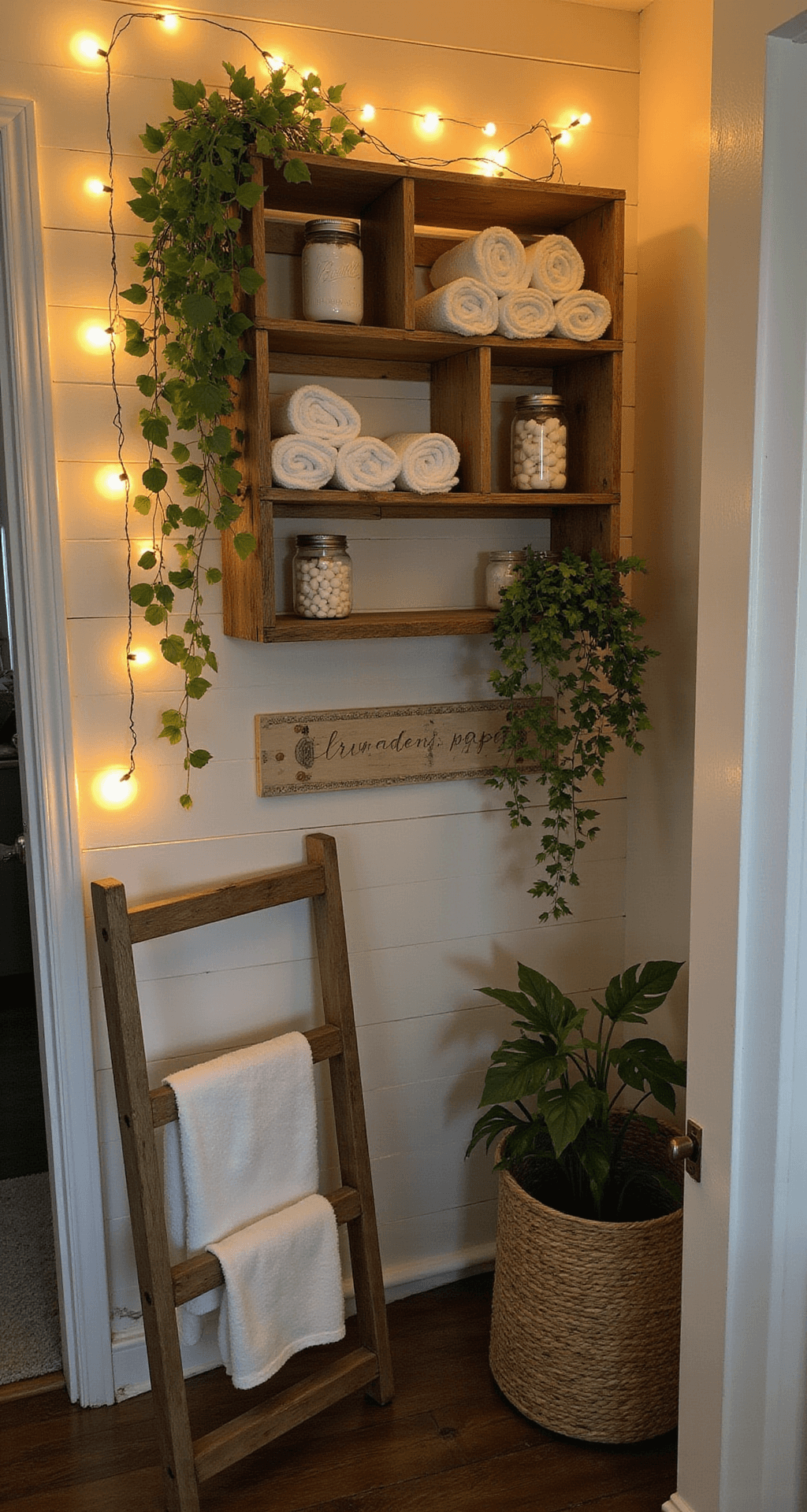 Cozy rustic-chic bathroom corner featuring DIY open shelving with towels and Mason jars, a vintage ladder towel rack, and a woven laundry basket, all illuminated by warm string lights.