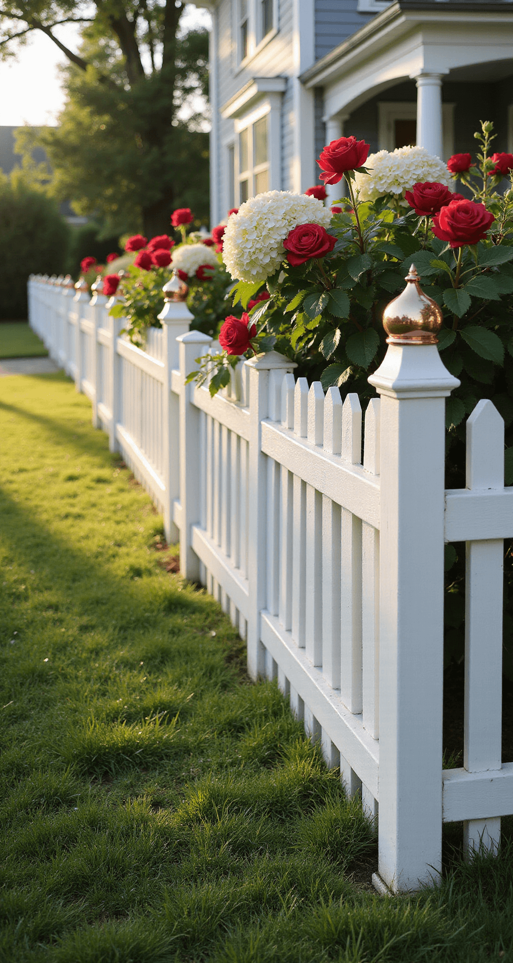 A classic American front yard with a white picket fence, manicured lawn, and blooming red roses and white hydrangeas, illuminated by morning light, with a Victorian-style home partially visible in the background.