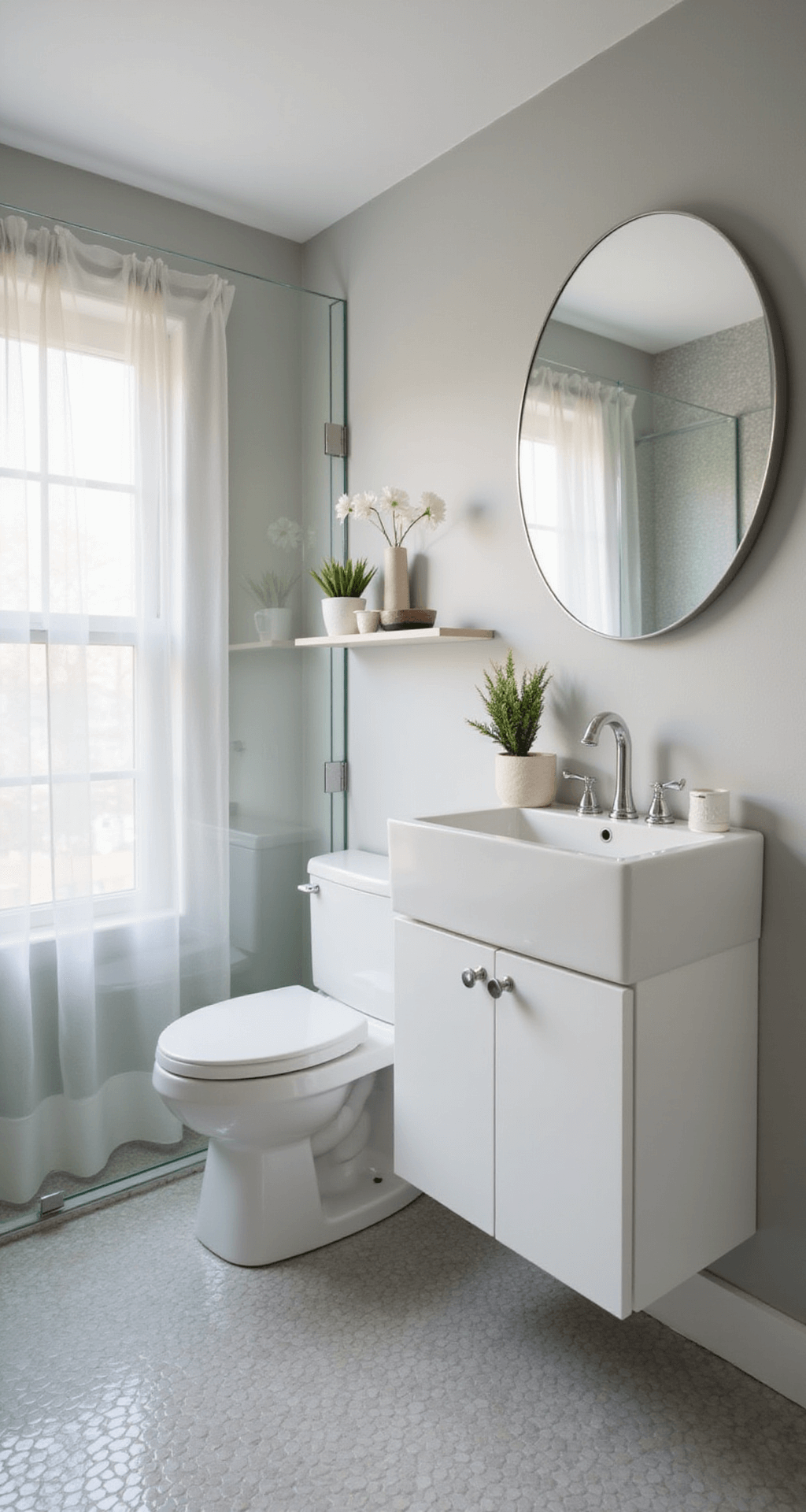 A compact bathroom (6x8 ft) featuring a corner shower with clear glass doors, a wall-mounted toilet with a concealed tank, and a floating white vanity with an integrated sink and chrome faucet, all illuminated by soft morning light filtering through sheer curtains. A large round mirror reflects light, enhancing the space, while pale gray penny tile flooring adds texture. The eye-level perspective captures the bright, modern aesthetic.
