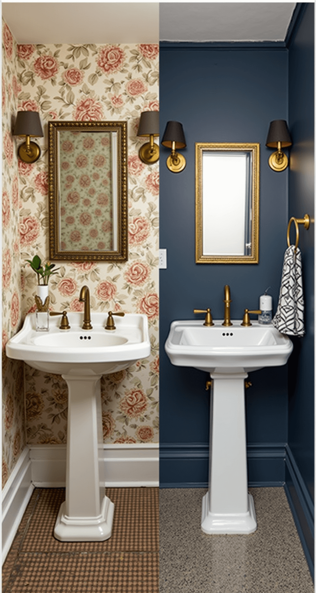 Split-screen image of a transformed powder room: the 'before' side features outdated floral wallpaper and brass fixtures, while the 'after' showcases bold navy walls, a gold-framed mirror, a modern pedestal sink, and a geometric print hand towel. Soft uplighting enhances the ambiance, captured from a low angle to emphasize the contrast between the two styles.
